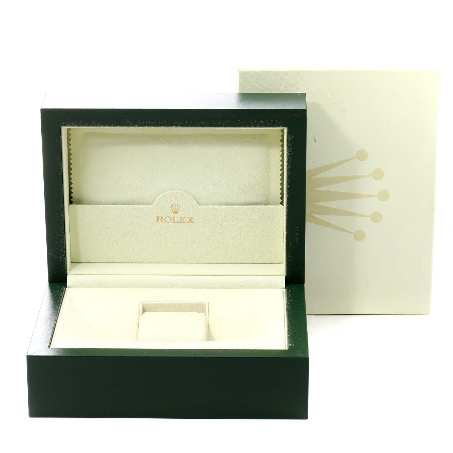 This image shows an open Rolex President 118238 Men
s Yellow Gold Champagne Dial 118238 Men
s Yellow Gold Champagne Dial model watch box with a cushioned interior and the Rolex logo.
