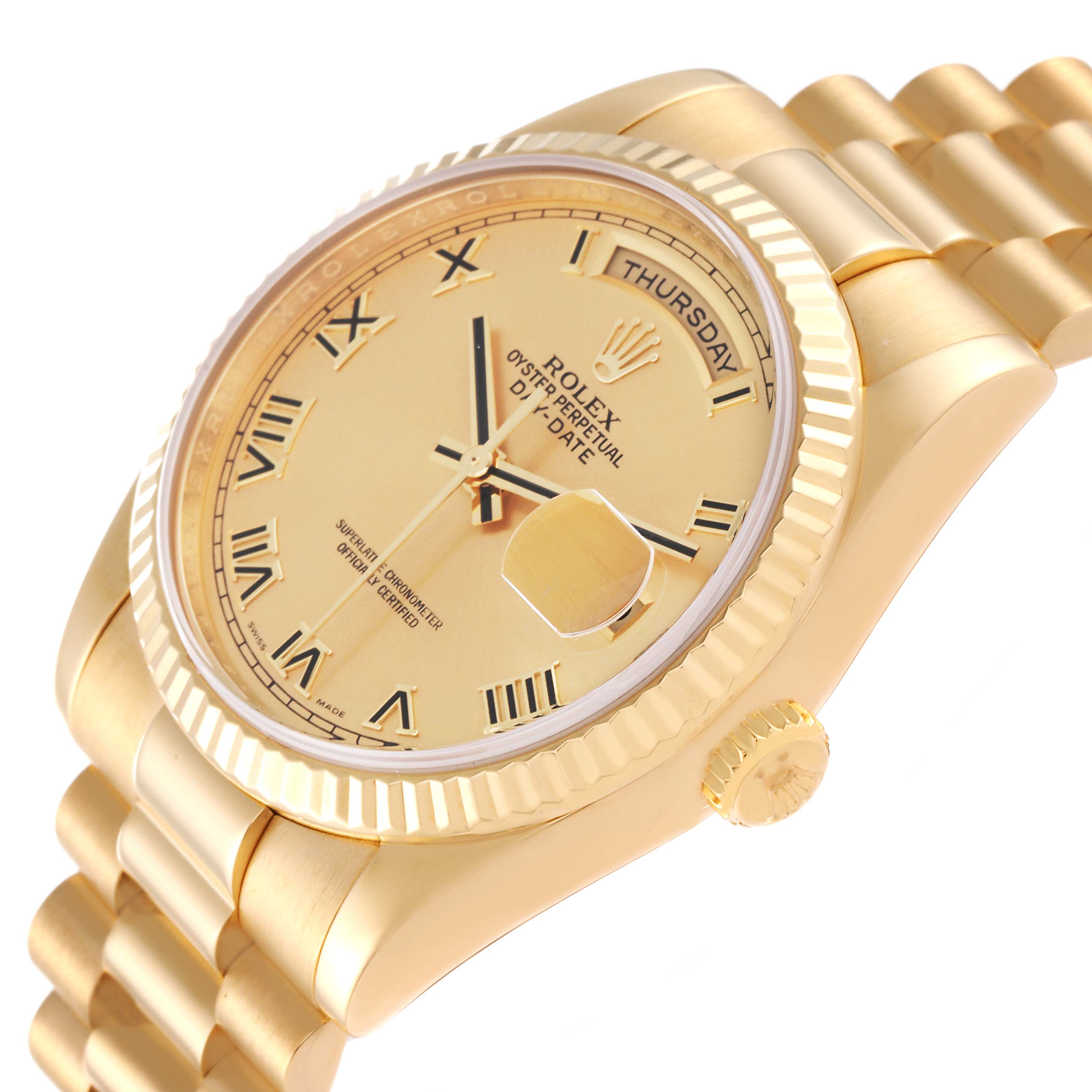 This is a side angle view of the Rolex President 118238 Men
s Yellow Gold Champagne Dial 118238 Men
s Yellow Gold Champagne Dial model watch, showing the dial, bezel, crown, and part of the bracelet.