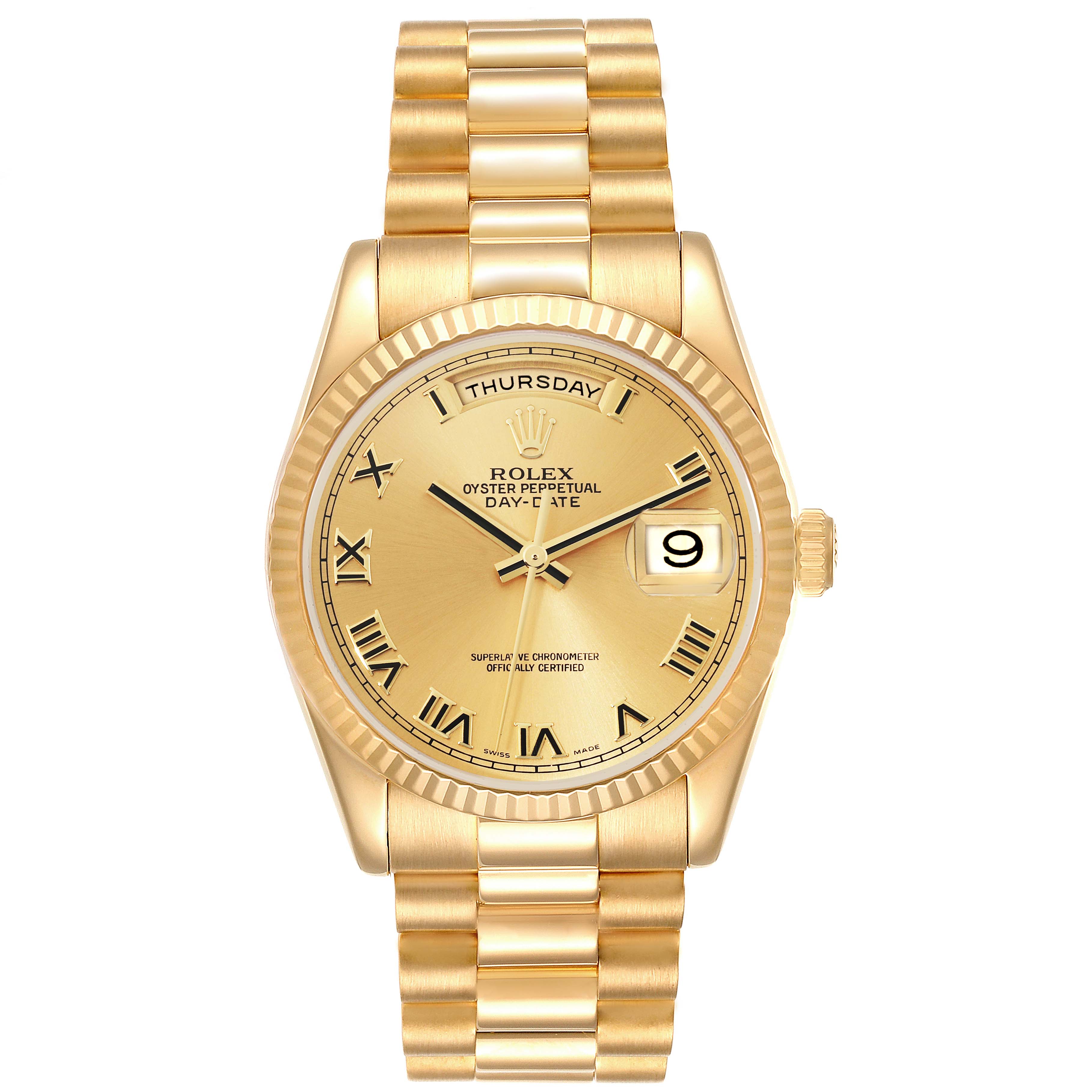 The image shows a front view of a Rolex President 118238 Men
s Yellow Gold Champagne Dial 118238 Men
s Yellow Gold Champagne Dial watch, displaying the dial, bezel, crown, and part of the bracelet.
