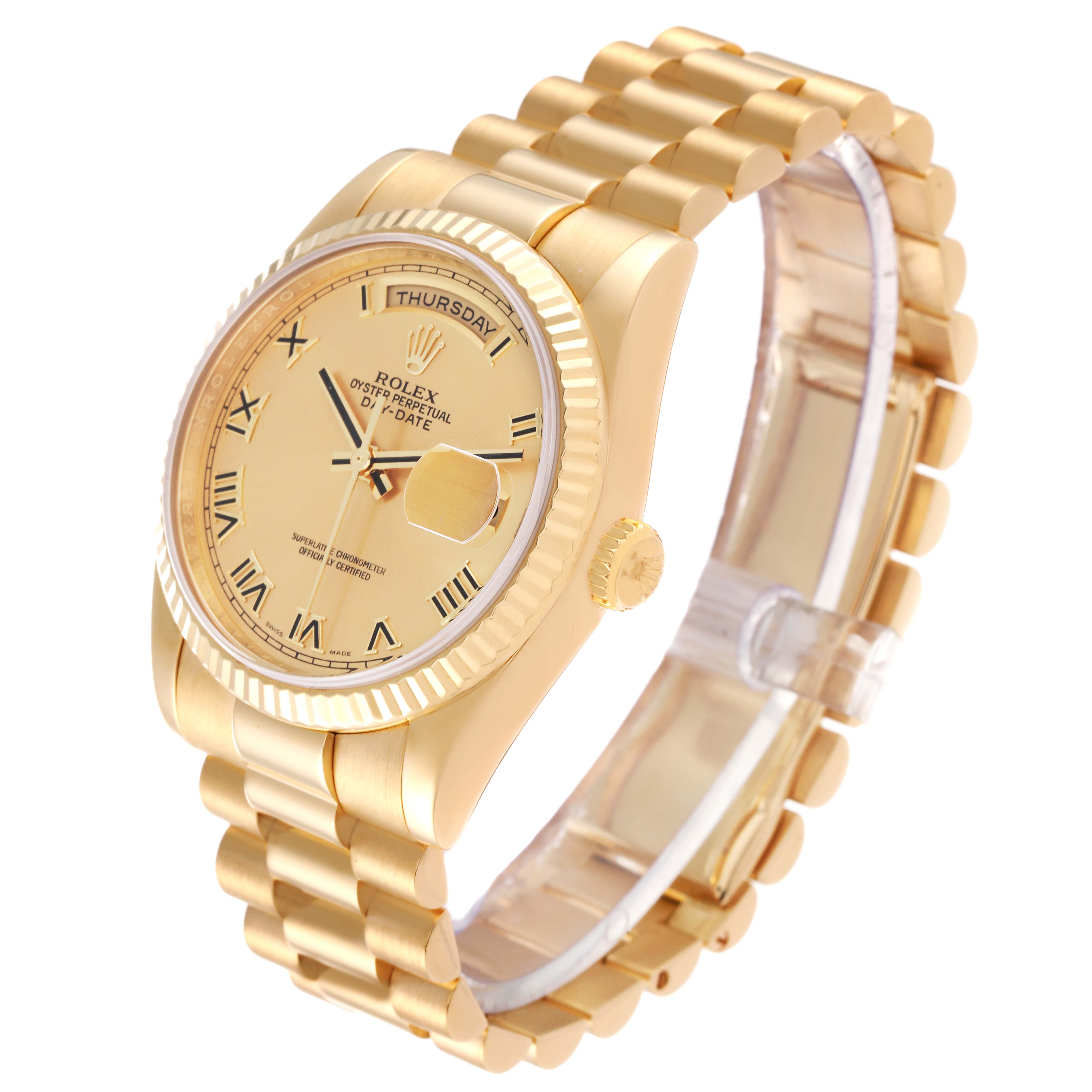 The image shows a side angle of the Rolex President 118238 Men
s Yellow Gold Champagne Dial 118238 Men
s Yellow Gold Champagne Dial model watch highlighting its gold band, case, and dial with Roman numerals.
