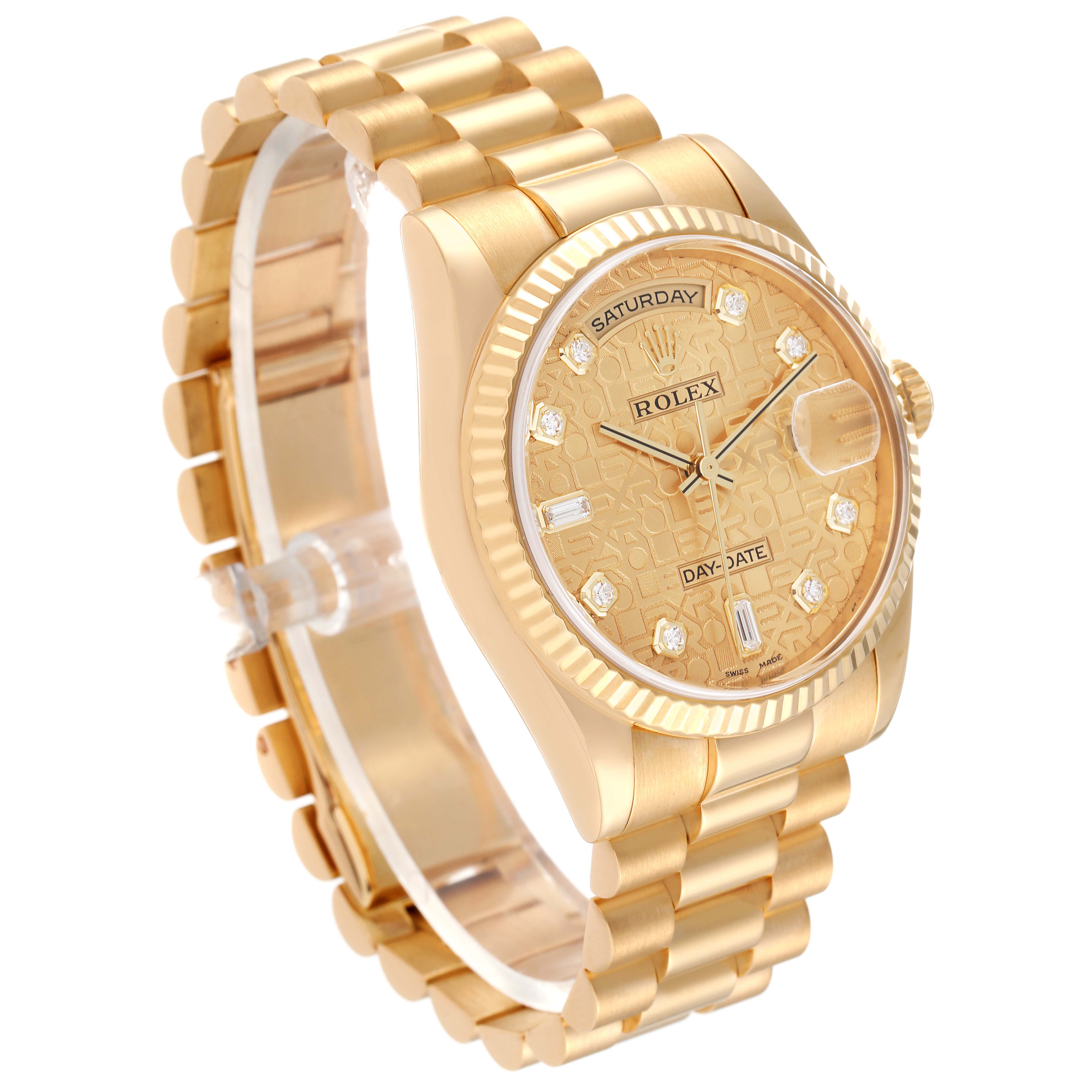 This image shows the Rolex President 118238 Men's Yellow Gold Champagne Dial 118238 Men's Yellow Gold Champagne Dial model watch from an angled side view, highlighting the dial and bracelet.