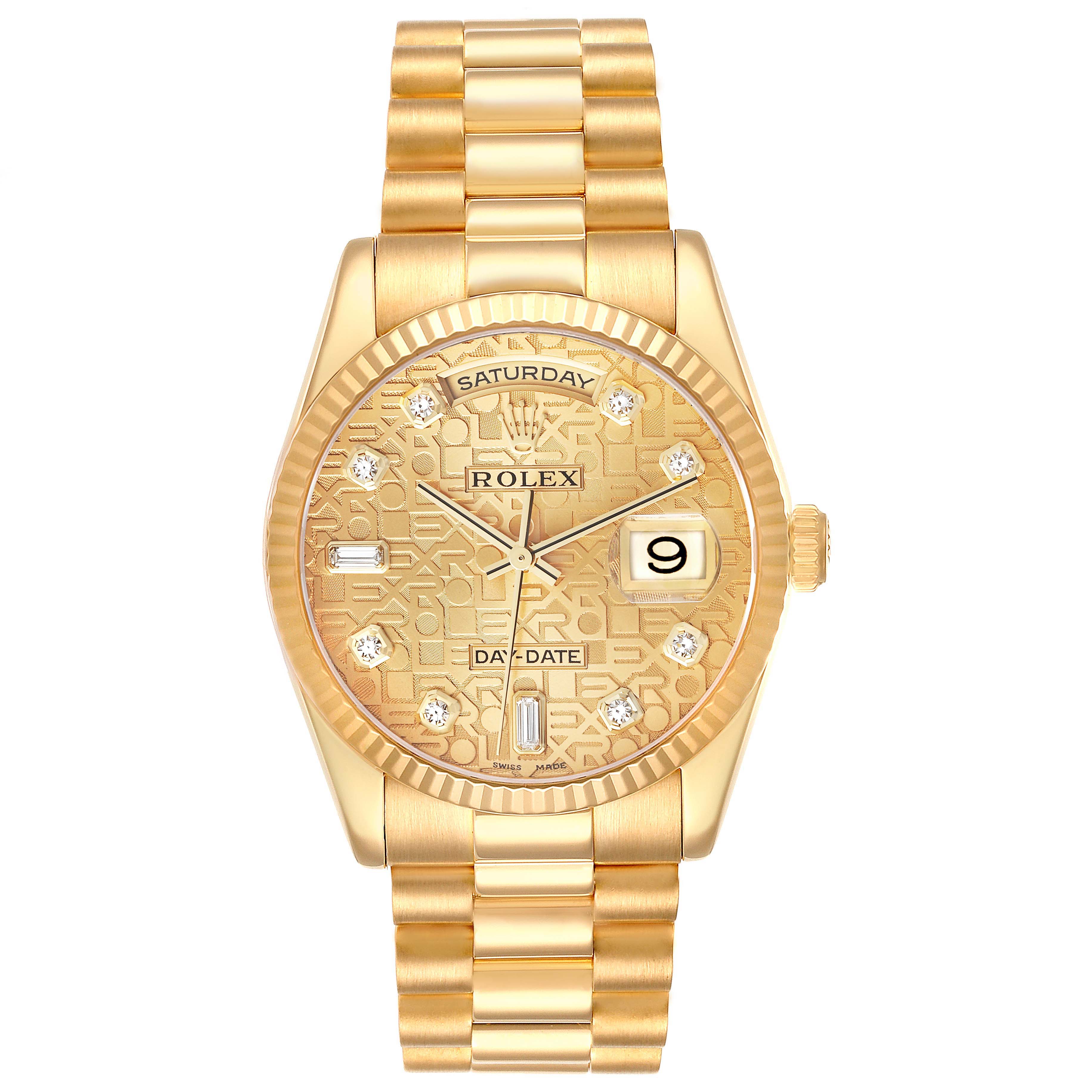 The image shows a front view of the Rolex President 118238 Men's Yellow Gold Champagne Dial 118238 Men's Yellow Gold Champagne Dial model watch featuring a gold band, fluted bezel, and diamond hour markers.