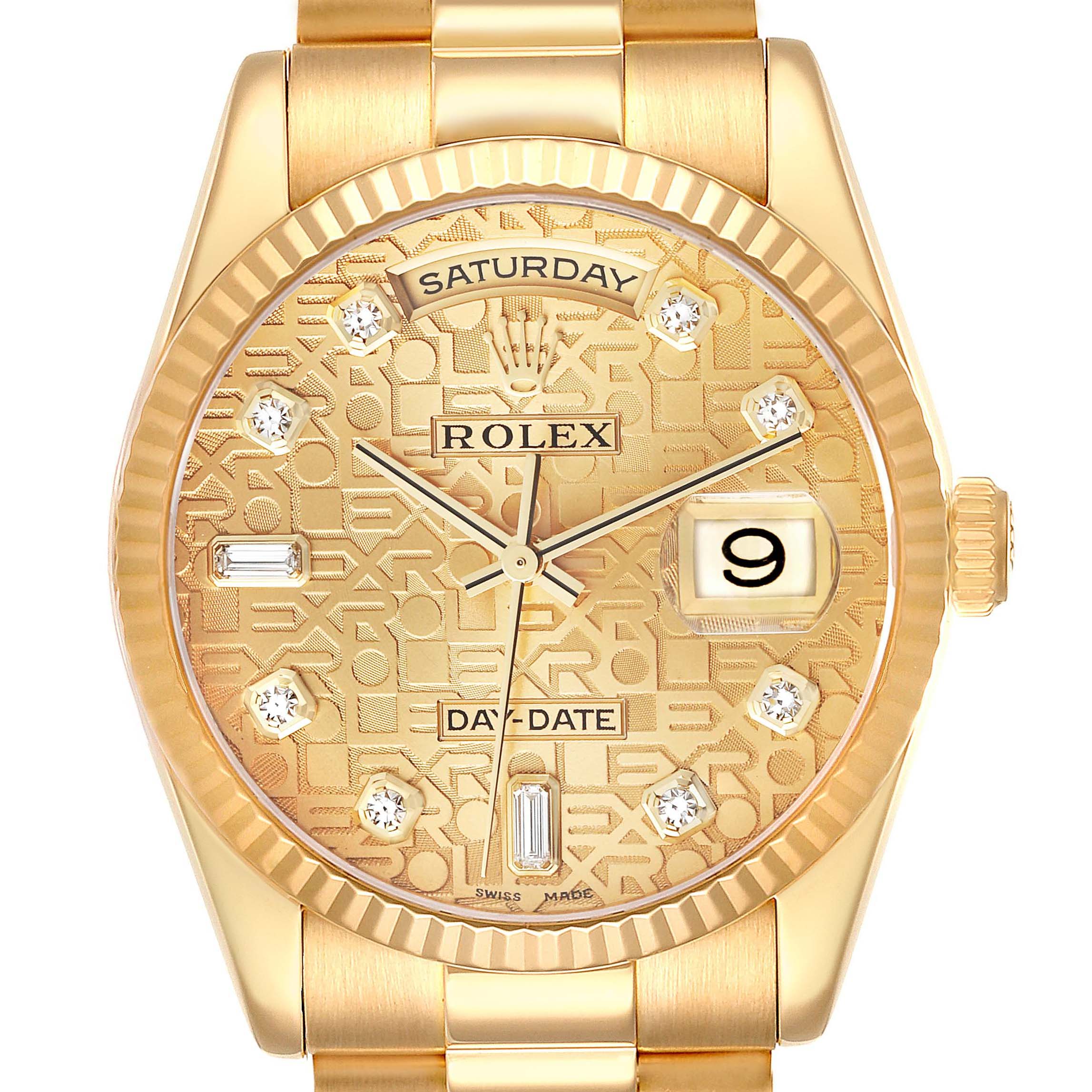 This image shows the face of a Rolex President 118238 Men's Yellow Gold Champagne Dial 118238 Men's Yellow Gold Champagne Dial Day-Date watch, including the day, date, and diamond hour markers.