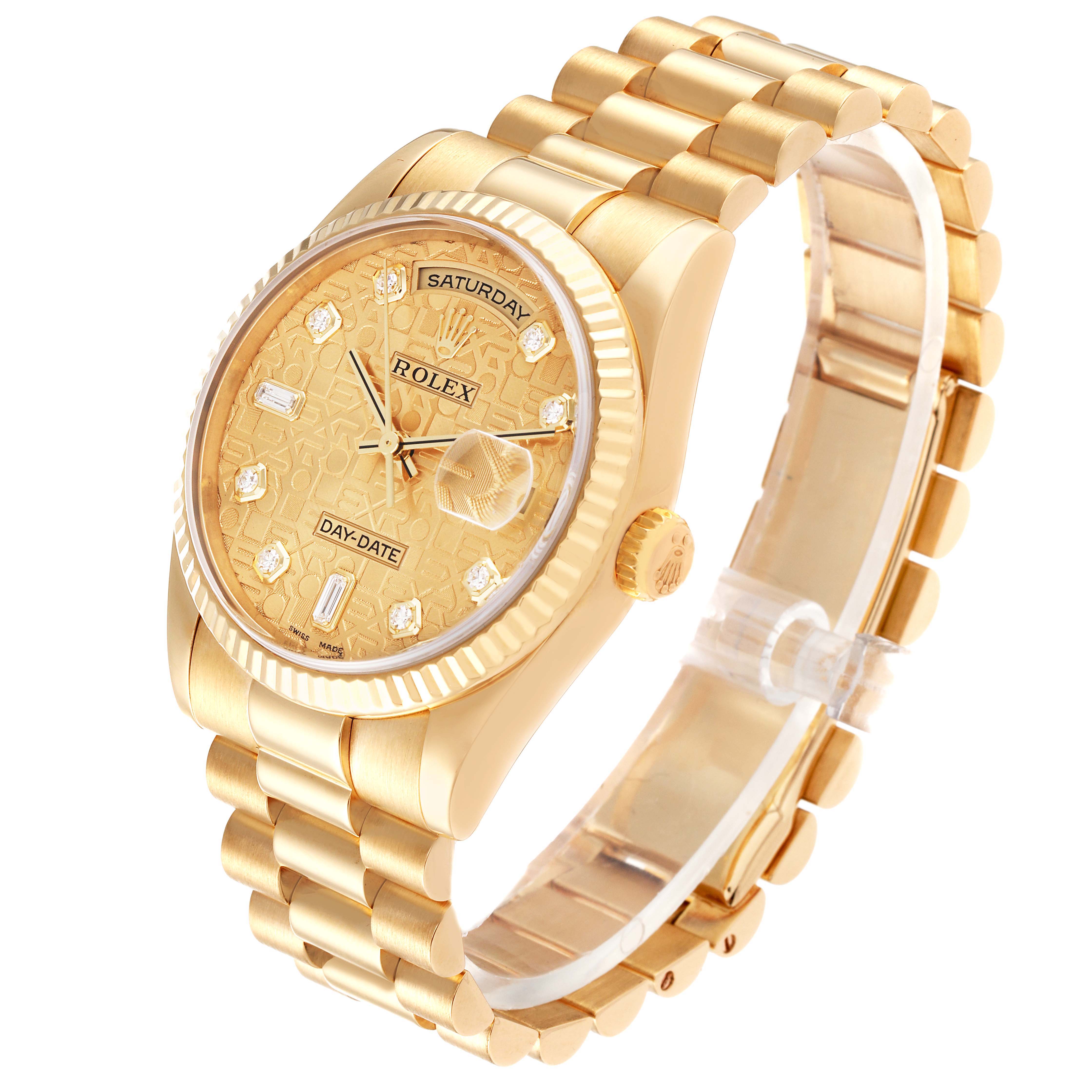 The image shows a Rolex President 118238 Men's Yellow Gold Champagne Dial 118238 Men's Yellow Gold Champagne Dial model watch at a three-quarter angle, featuring the face, bracelet, and crown.