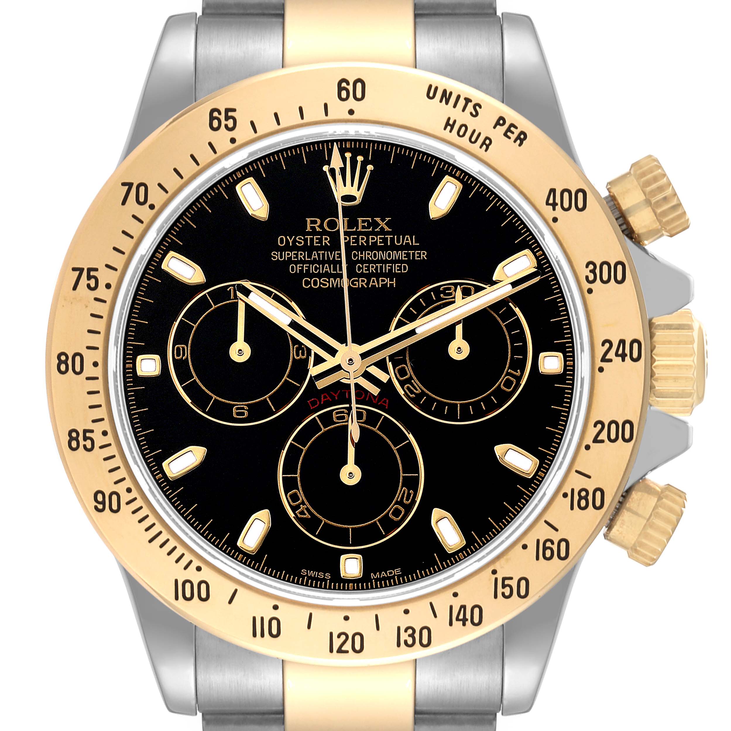This image shows a frontal view of the Rolex Daytona 116523 Men
s Steel and Gold (two tone) Black Dial 116523 Men
s Steel and Gold (two tone) Black Dial watch, highlighting its dial, bezel, and chronograph sub-dials.
