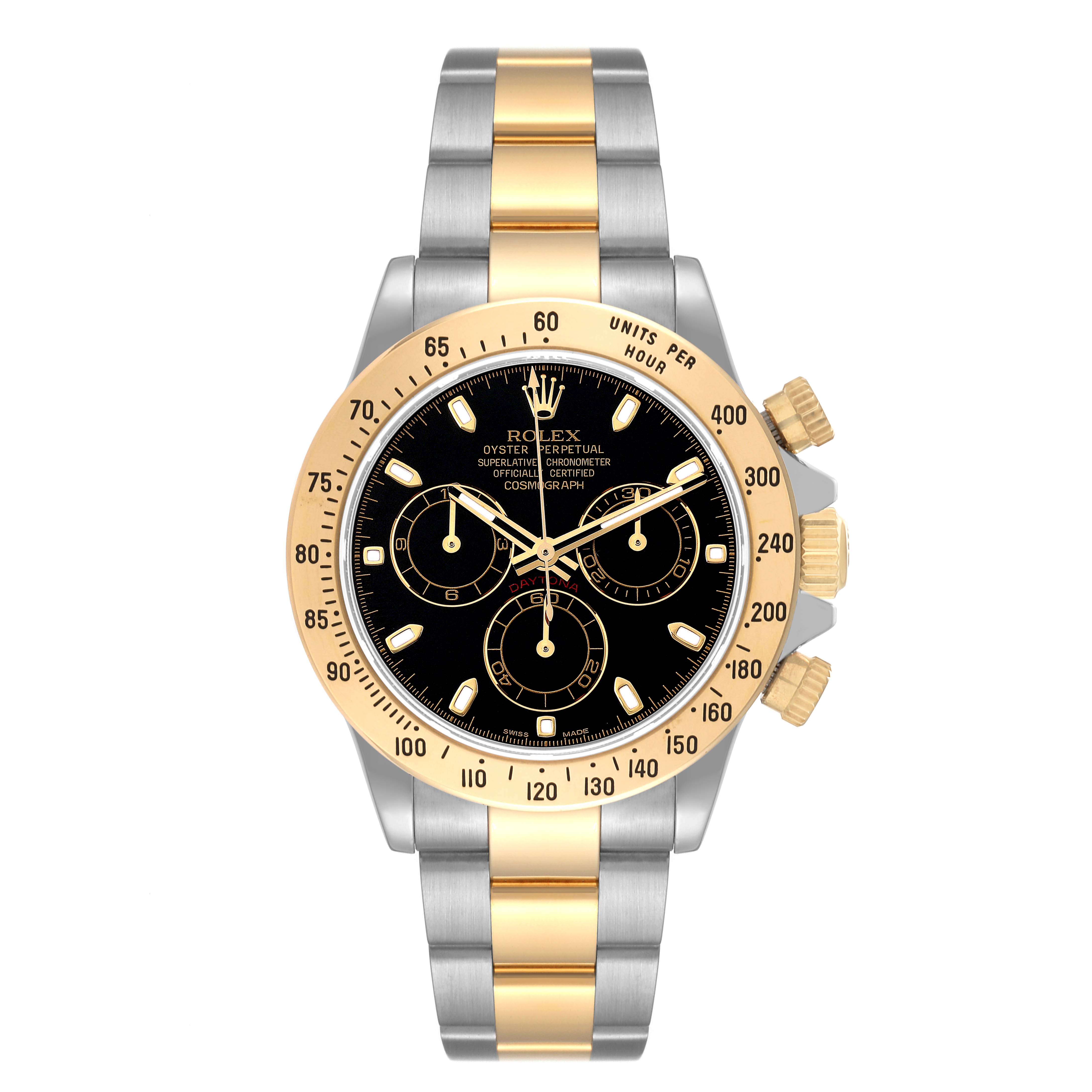 The image shows a front view of the Rolex Daytona 116523 Men
s Steel and Gold (two tone) Black Dial 116523 Men
s Steel and Gold (two tone) Black Dial, showcasing its black dial, gold bezel, and two-tone bracelet.