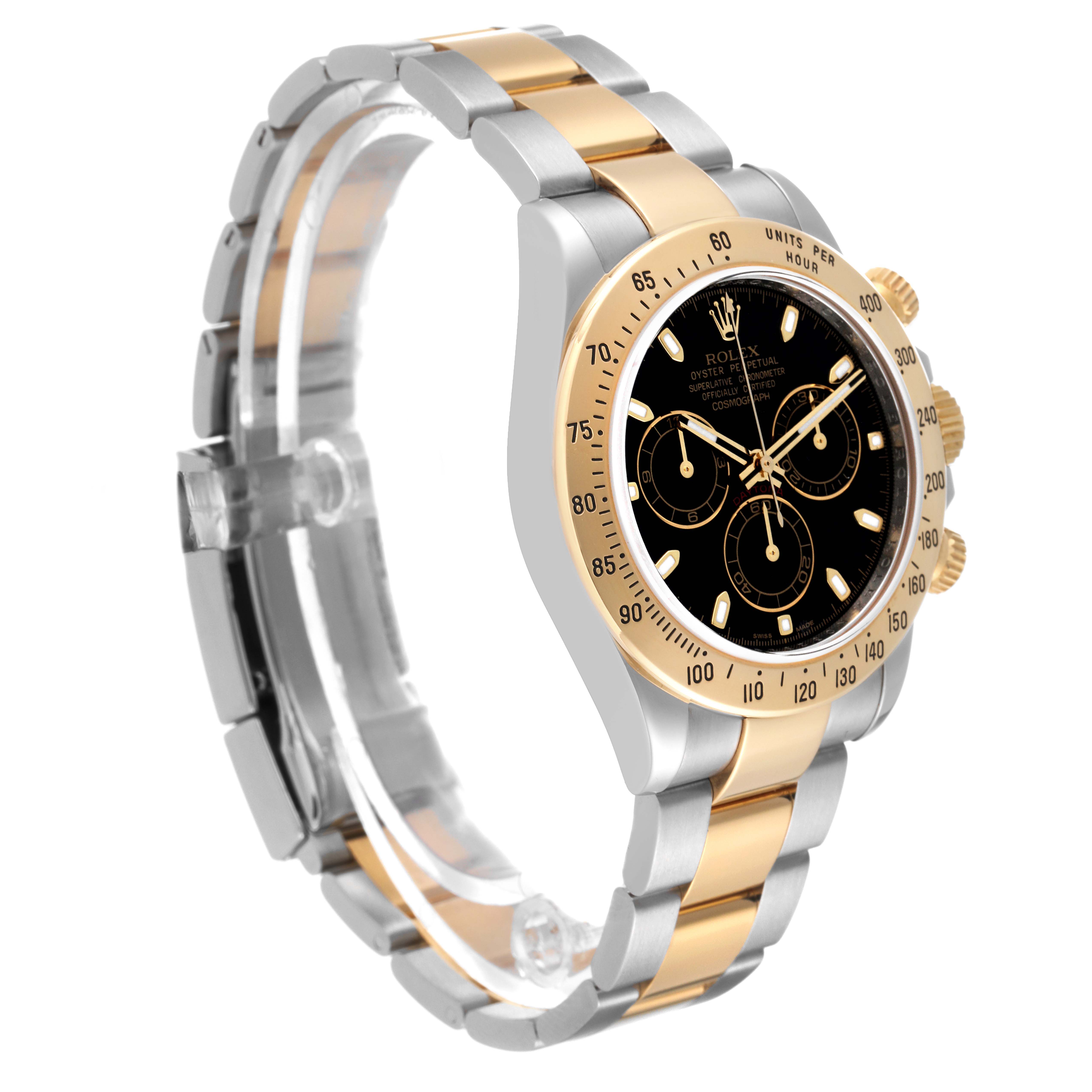 The Rolex Daytona 116523 Men
s Steel and Gold (two tone) Black Dial 116523 Men
s Steel and Gold (two tone) Black Dial watch is shown at a three-quarter angle, highlighting its black dial, gold bezel, and two-tone bracelet.