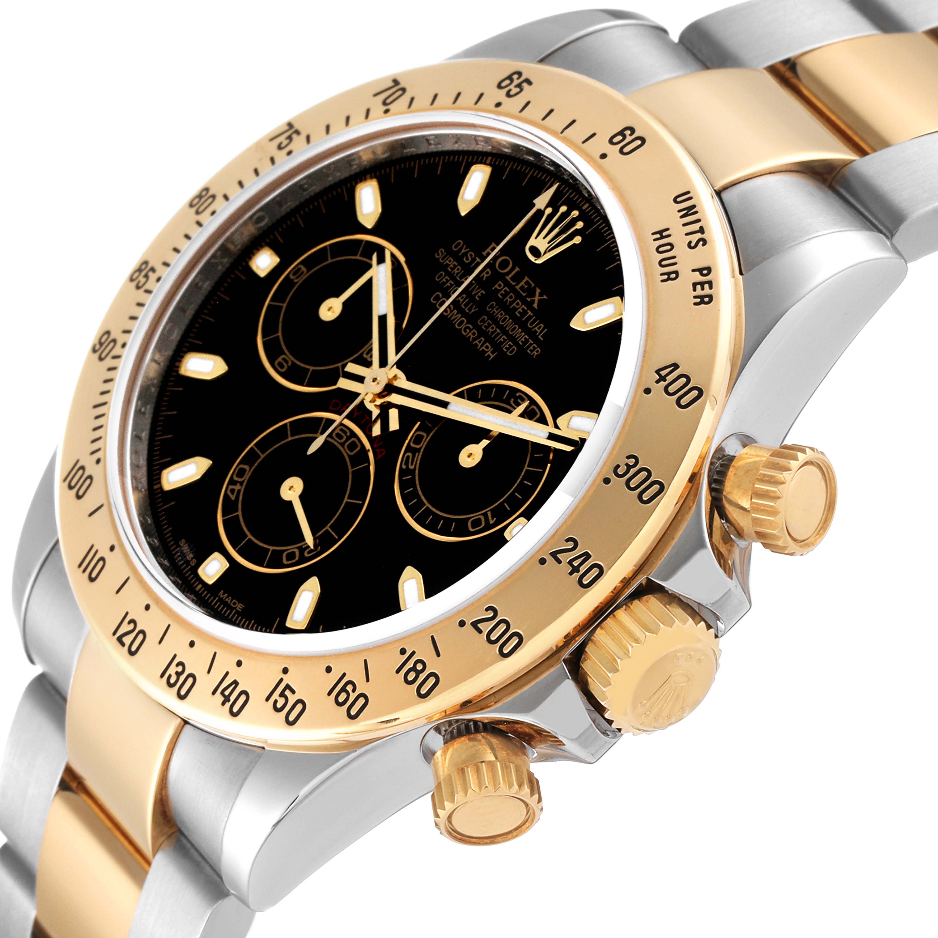 The image shows a close-up angle of the Rolex Daytona 116523 Men
s Steel and Gold (two tone) Black Dial 116523 Men
s Steel and Gold (two tone) Black Dial model, highlighting the bezel, crown, and dial with sub-dials.