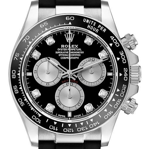 The image shows a frontal view of a Rolex Daytona 126519LN Men's White Gold Black Dial, highlighting the bezel, dial, subdials, and crown.