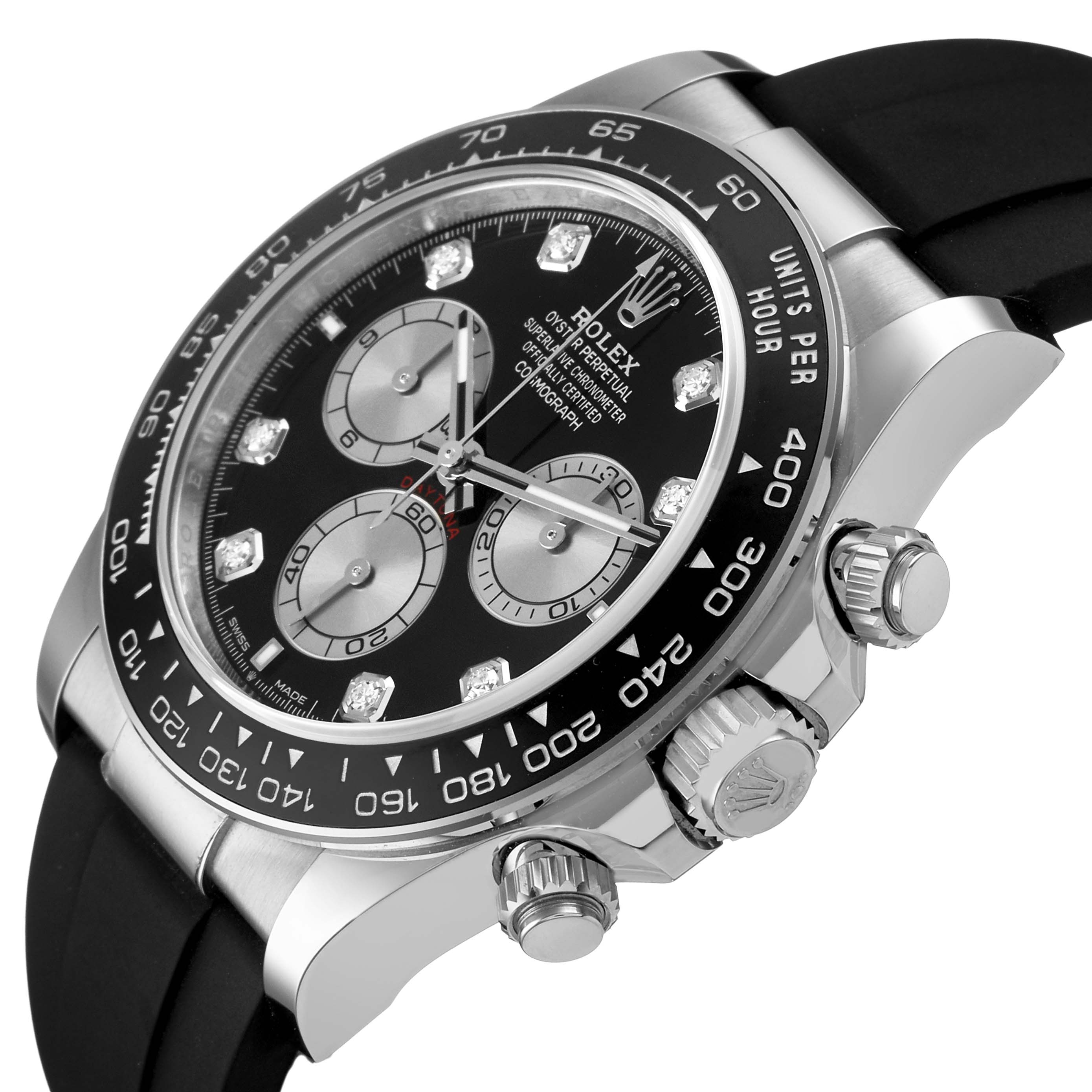 The Rolex Daytona 126519LN Men's White Gold Black Dial watch is shown at an angled side view, highlighting the bezel, crown, pushers, and Oysterflex strap.