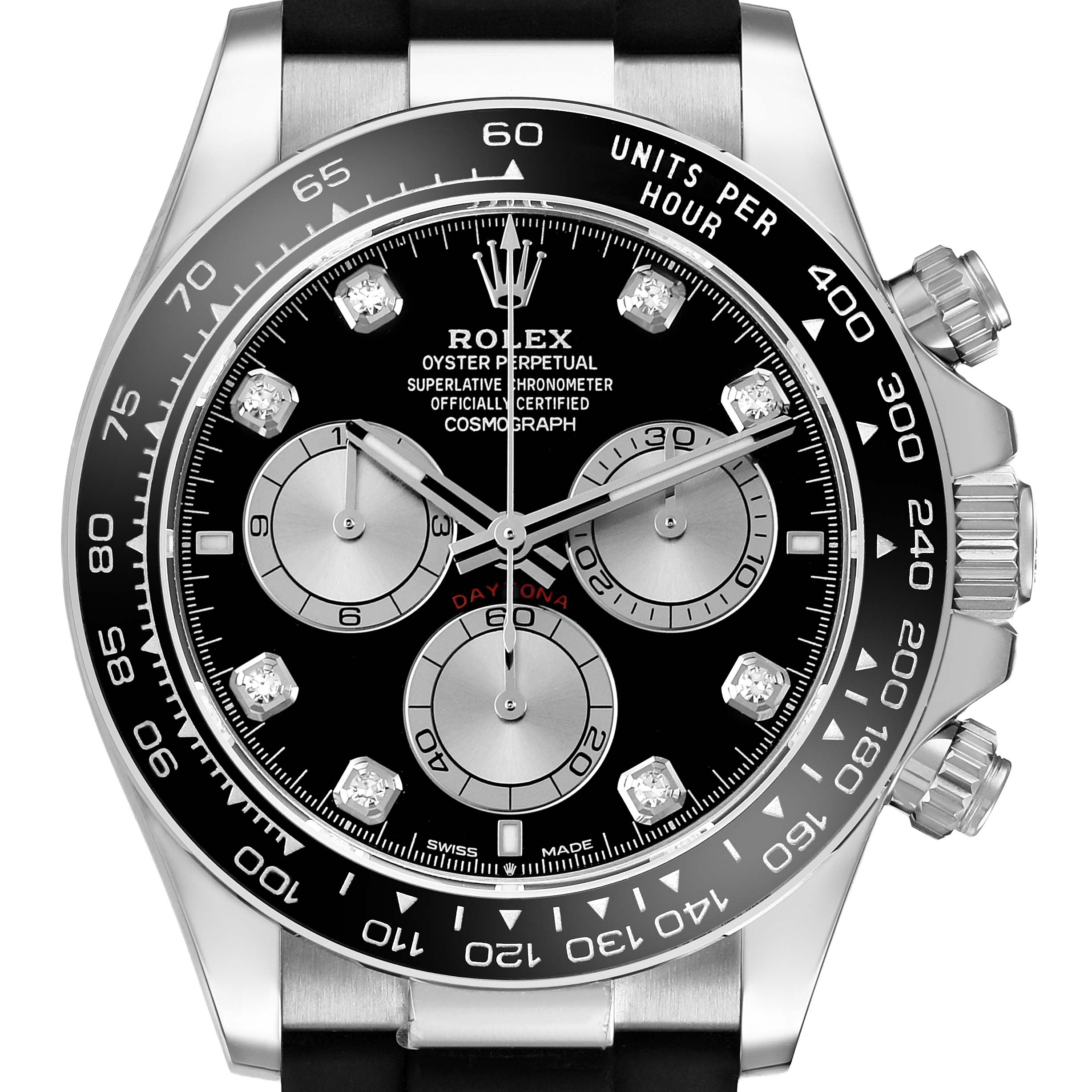 This Rolex Daytona 126519LN Men's White Gold Black Dial is shown from the front, highlighting the dial, bezel, and pushers.