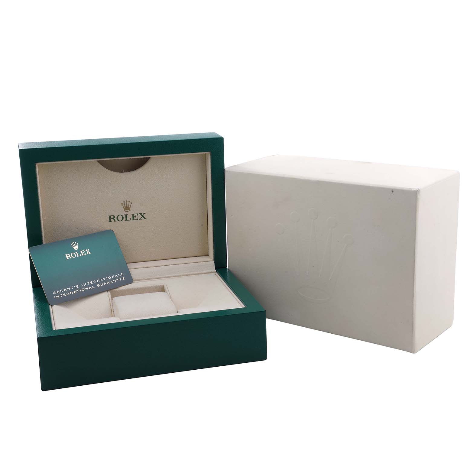 This image shows a Rolex Daytona 126519LN Men's White Gold Black Dial watch box with its case, open at an angle, displaying the interior and warranty card.