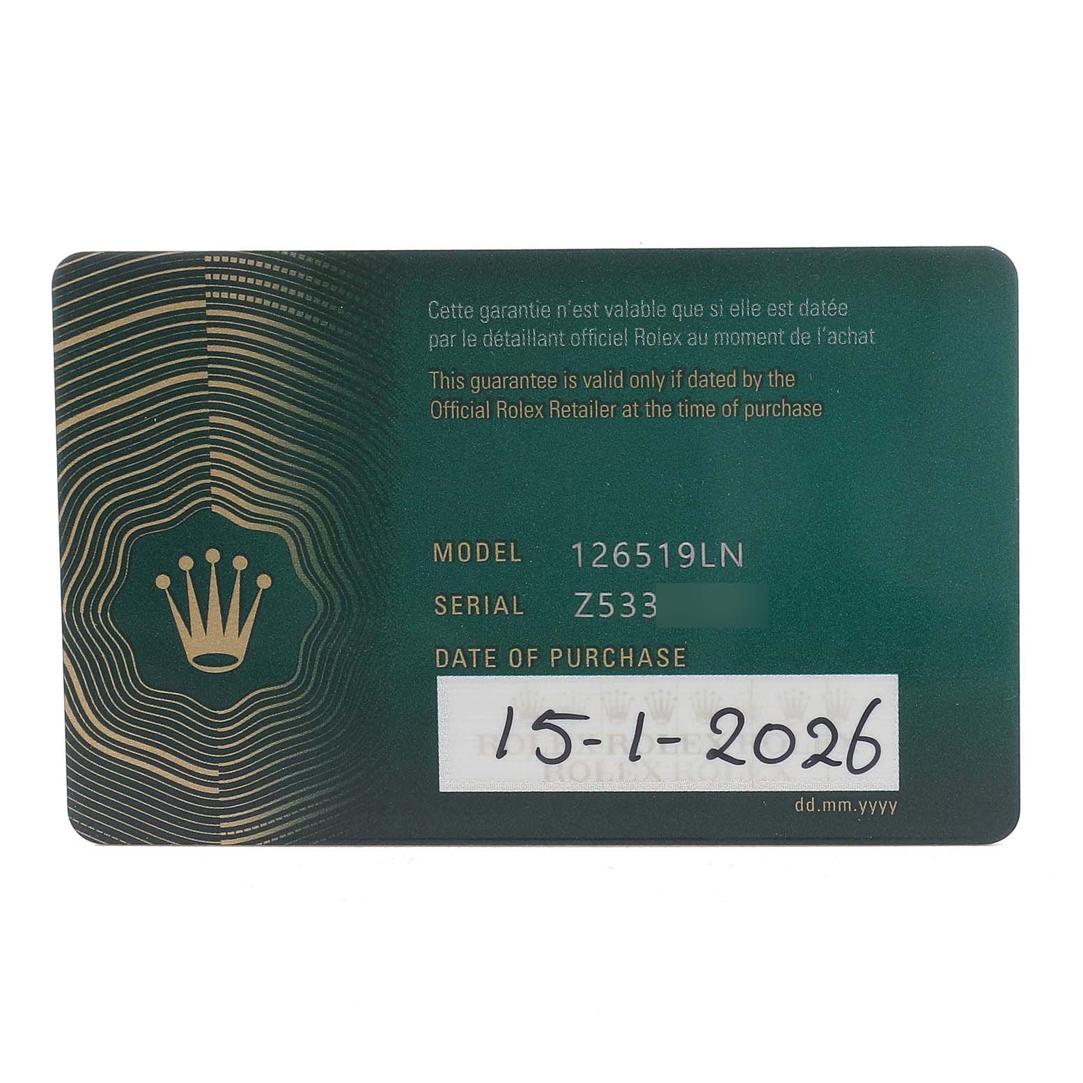The image shows a green warranty card for a Rolex Daytona 126519LN Men's White Gold Black Dial, displaying model number, serial number, and purchase date.
