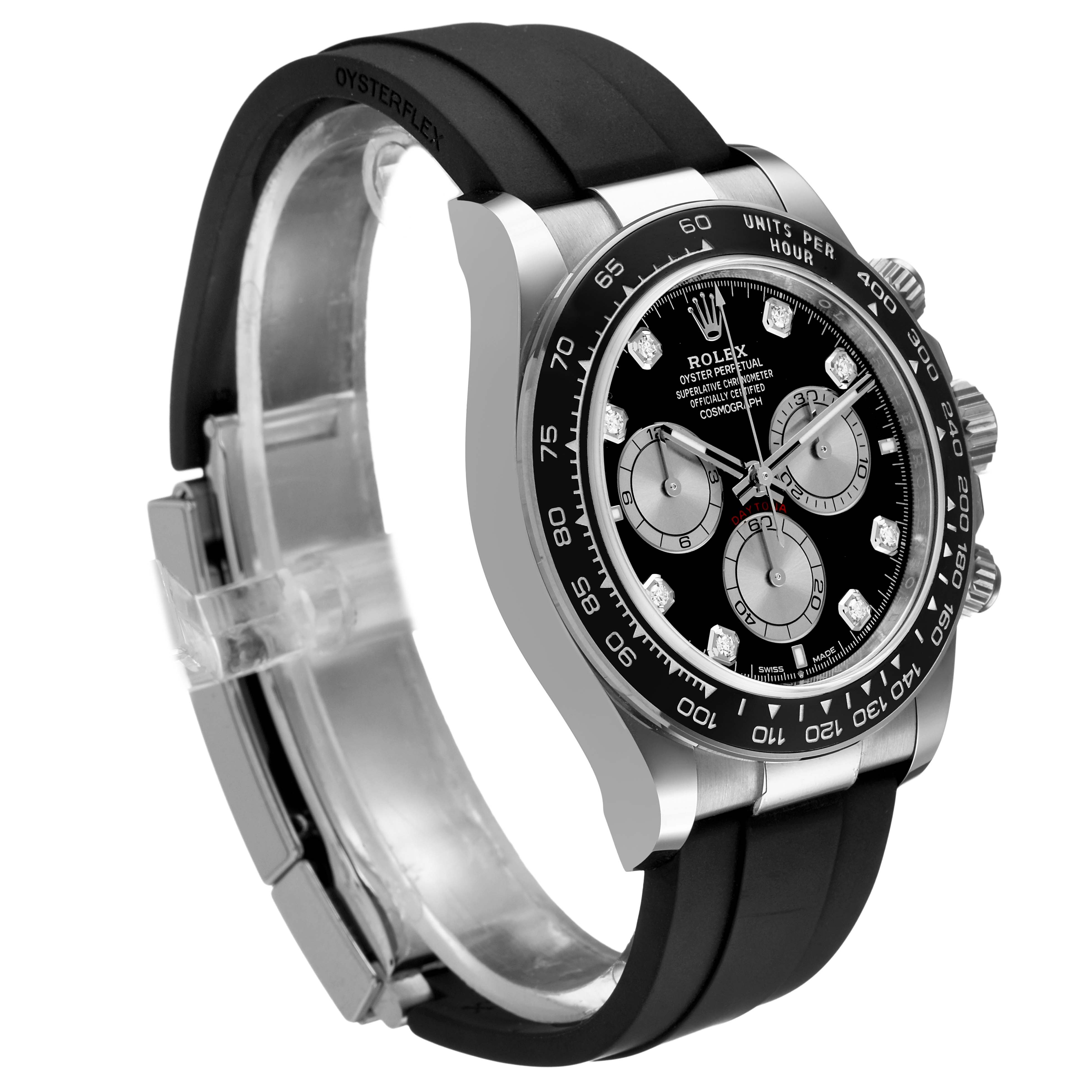 The Rolex Daytona 126519LN Men's White Gold Black Dial watch is angled to show the face, bezel, case, and black straps with a side view of the crown and pushers.