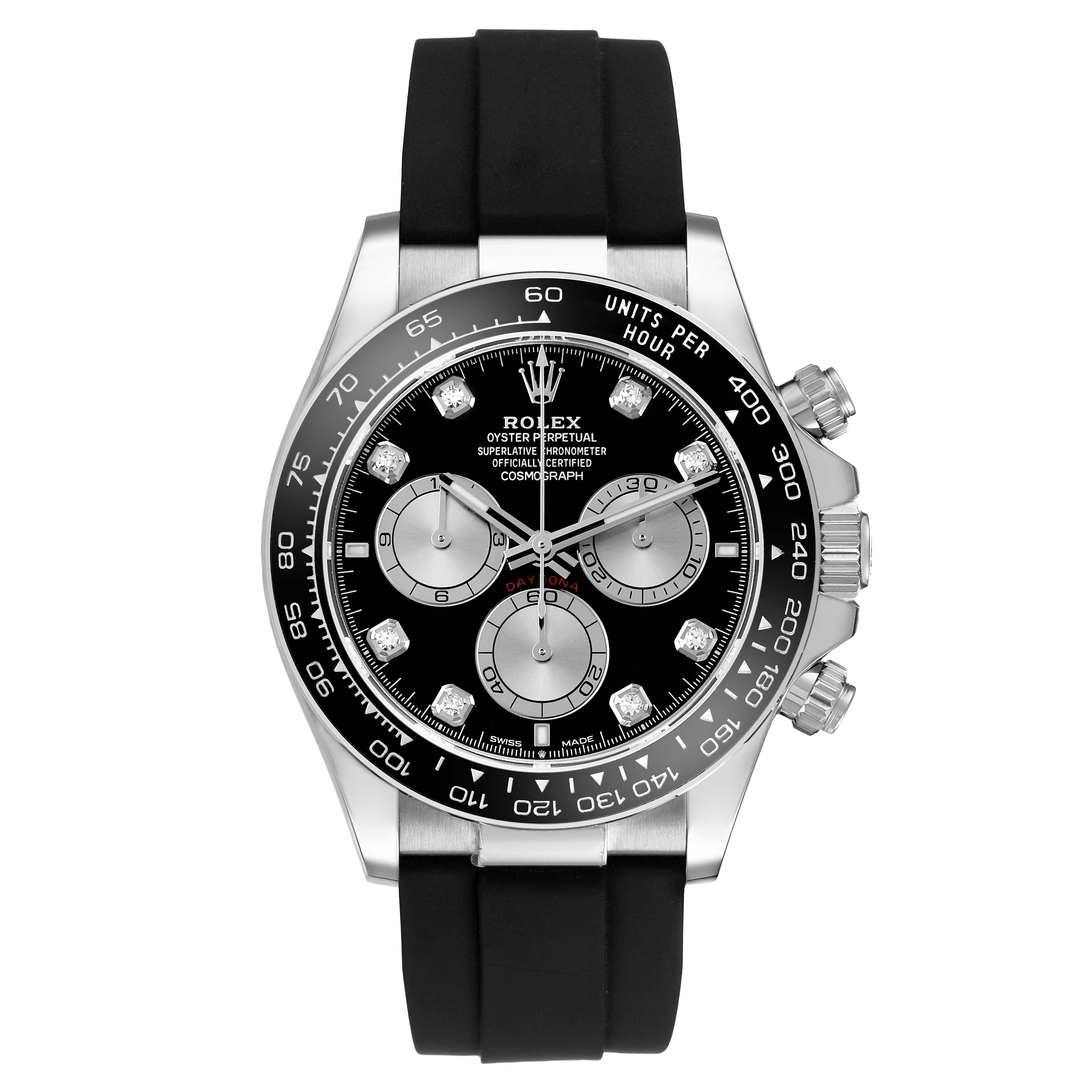 The Rolex Daytona 126519LN Men's White Gold Black Dial watch is shown from a direct front angle, displaying its black dial, subdials, and bezel with a black rubber strap.