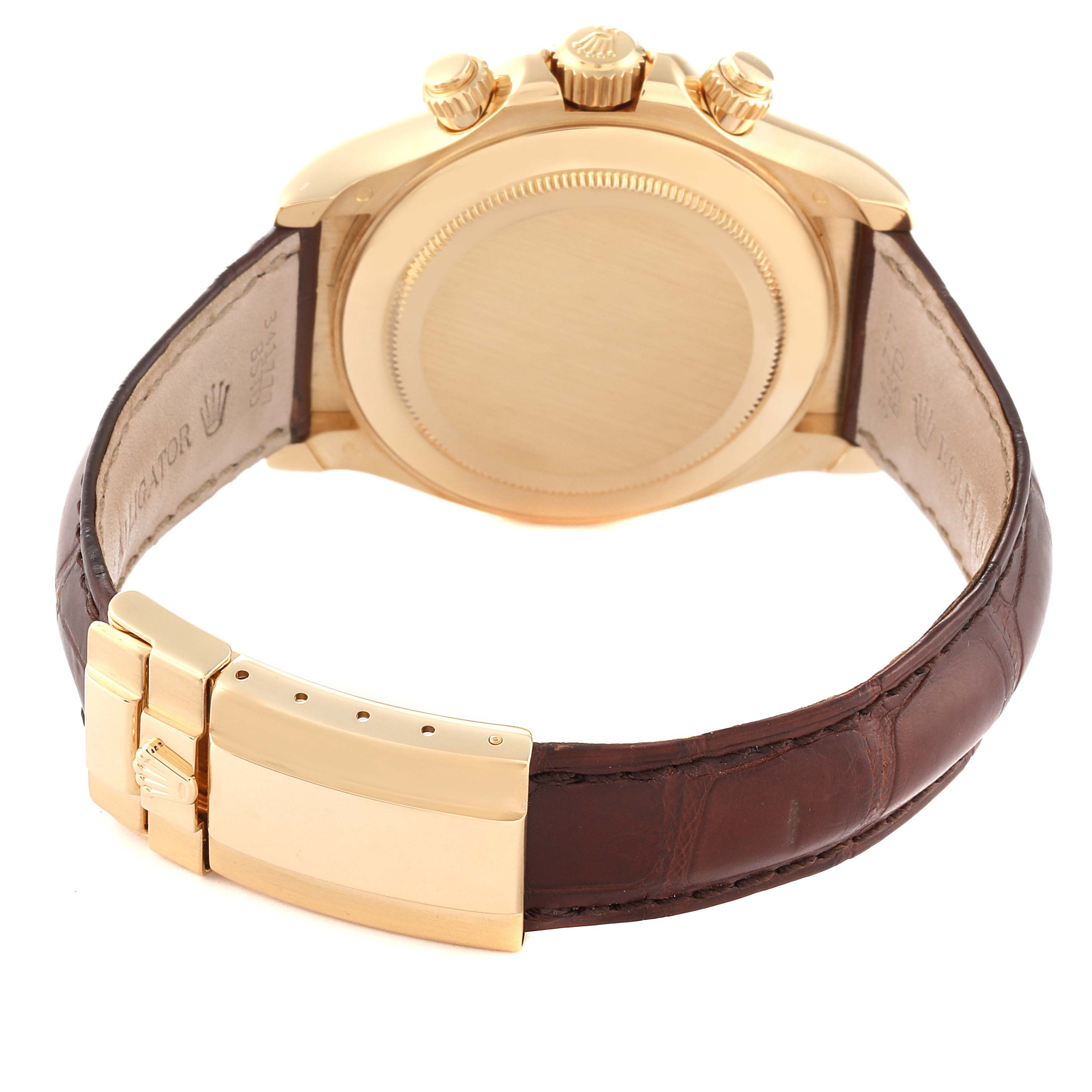 The image shows the back view of a Rolex Daytona M116518-0080 Men's Yellow Gold Black Dial M116518-0080 Men's Yellow Gold Black Dial watch with its brown leather strap and gold clasp.