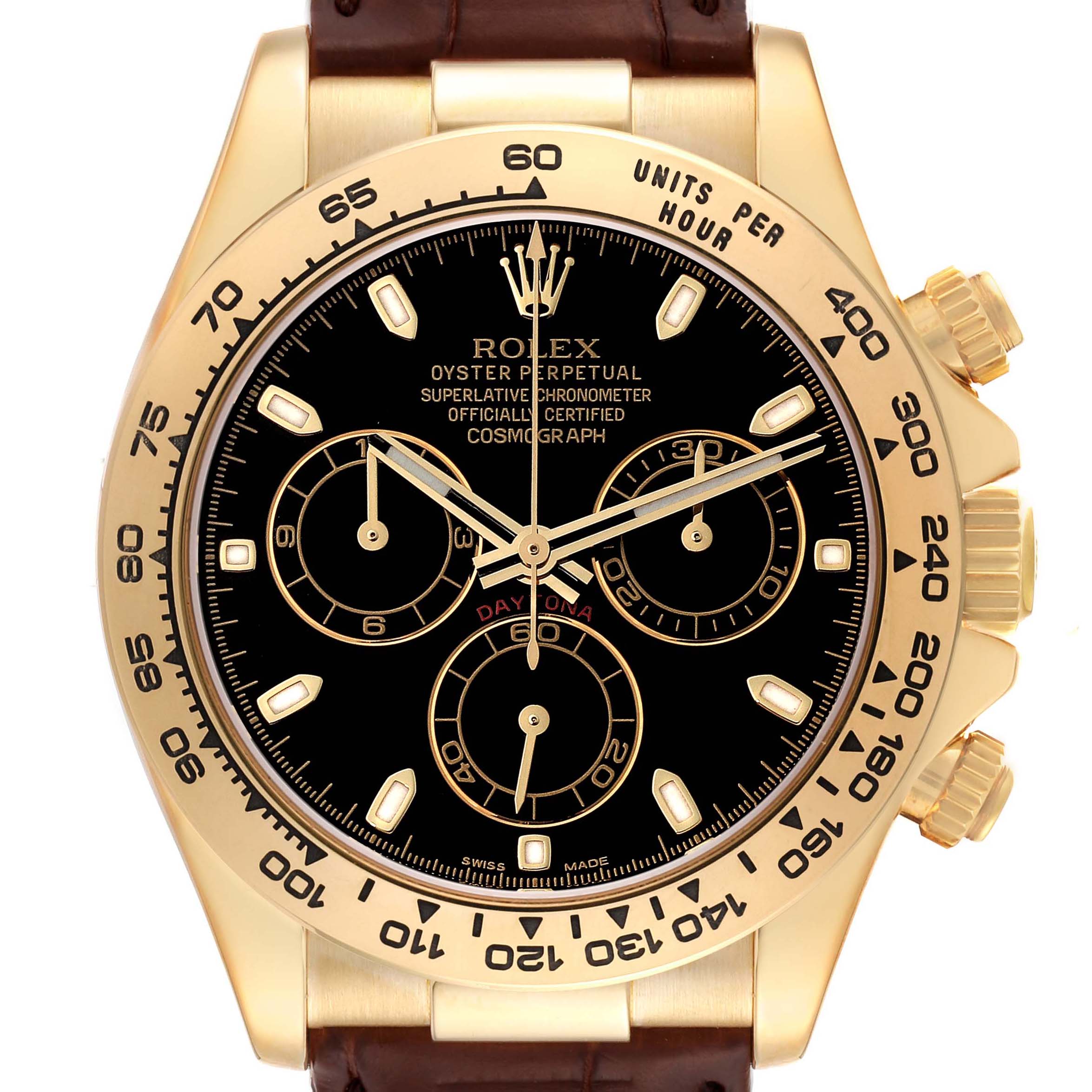 The image shows a frontal view of a Rolex Daytona M116518-0080 Men's Yellow Gold Black Dial M116518-0080 Men's Yellow Gold Black Dial watch, highlighting the dial, bezel, and chronograph sub-dials.