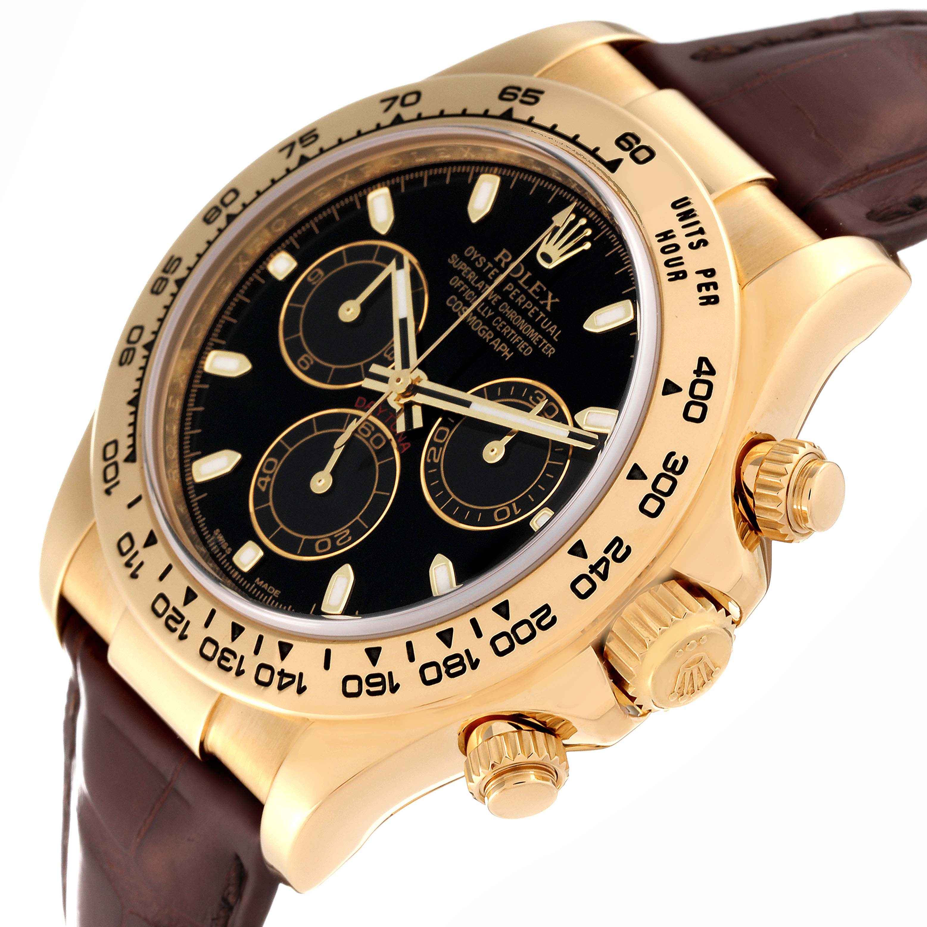 The image shows a side-angle view of the Rolex Daytona M116518-0080 Men's Yellow Gold Black Dial M116518-0080 Men's Yellow Gold Black Dial, highlighting its bezel, crown, pushers, and black dial with subdials.