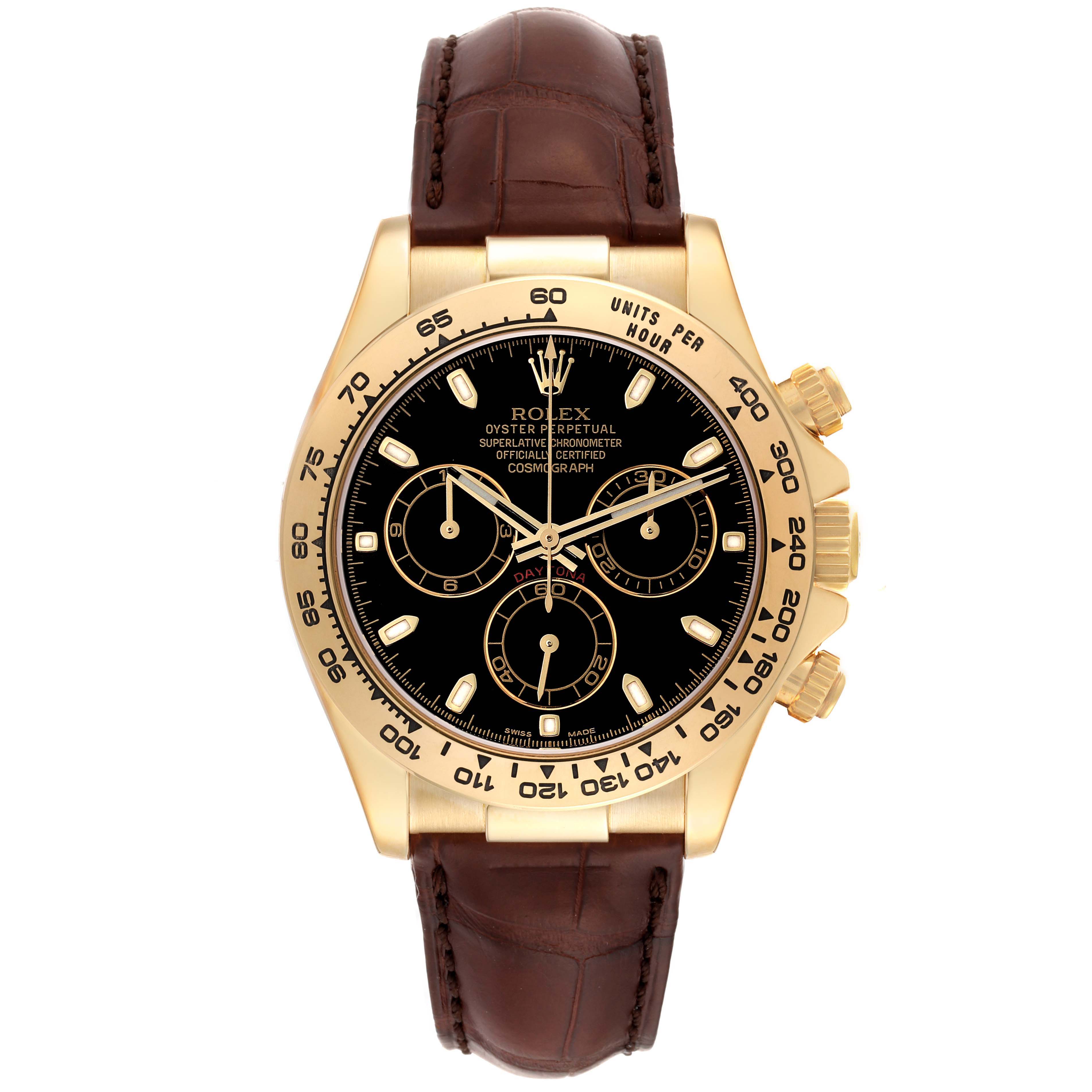 This image shows a front view of a Rolex Daytona M116518-0080 Men's Yellow Gold Black Dial M116518-0080 Men's Yellow Gold Black Dial watch with a black dial, gold case, and brown leather strap.
