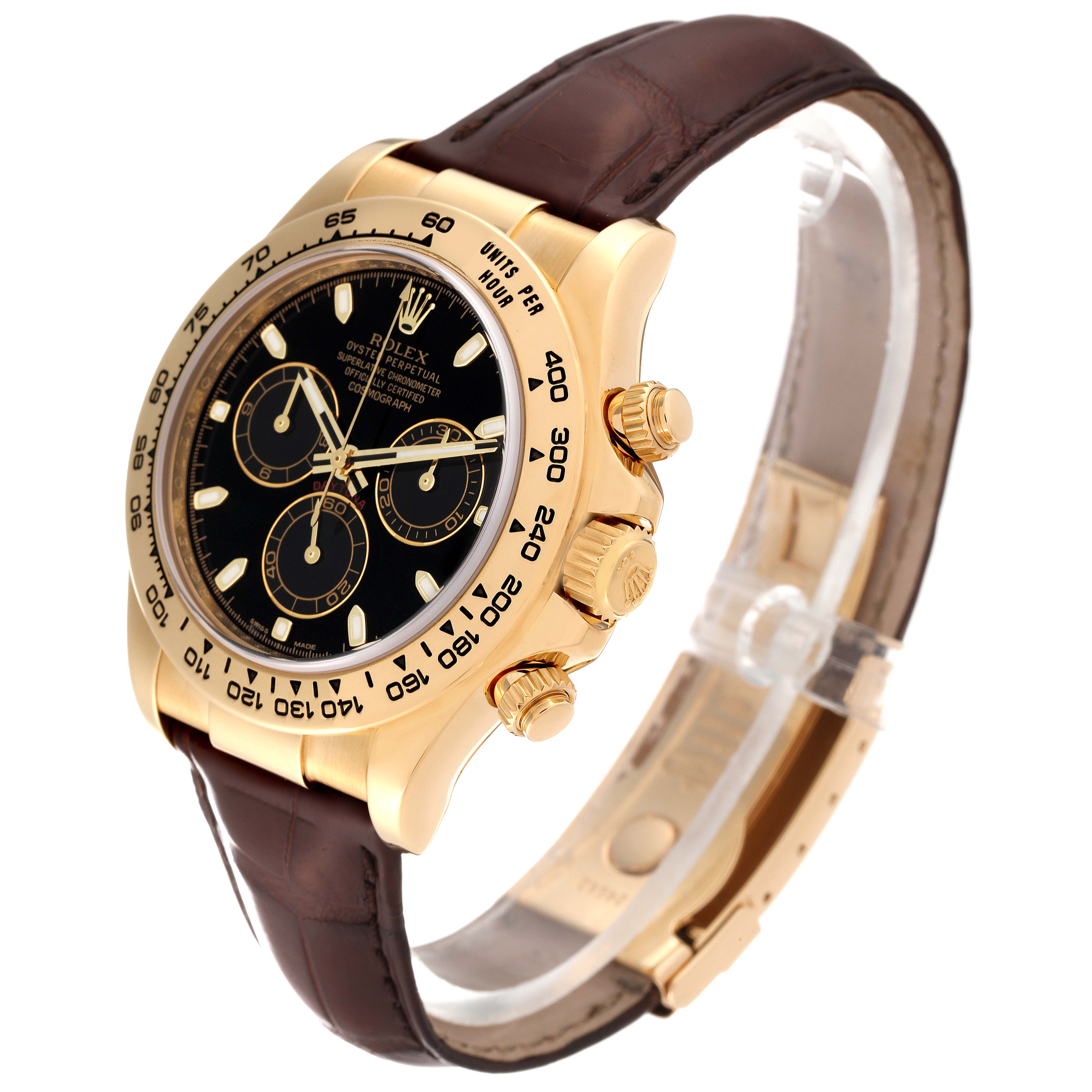 The image shows a Rolex Daytona M116518-0080 Men's Yellow Gold Black Dial M116518-0080 Men's Yellow Gold Black Dial watch at an angle highlighting its gold case, black dial, and brown leather strap.