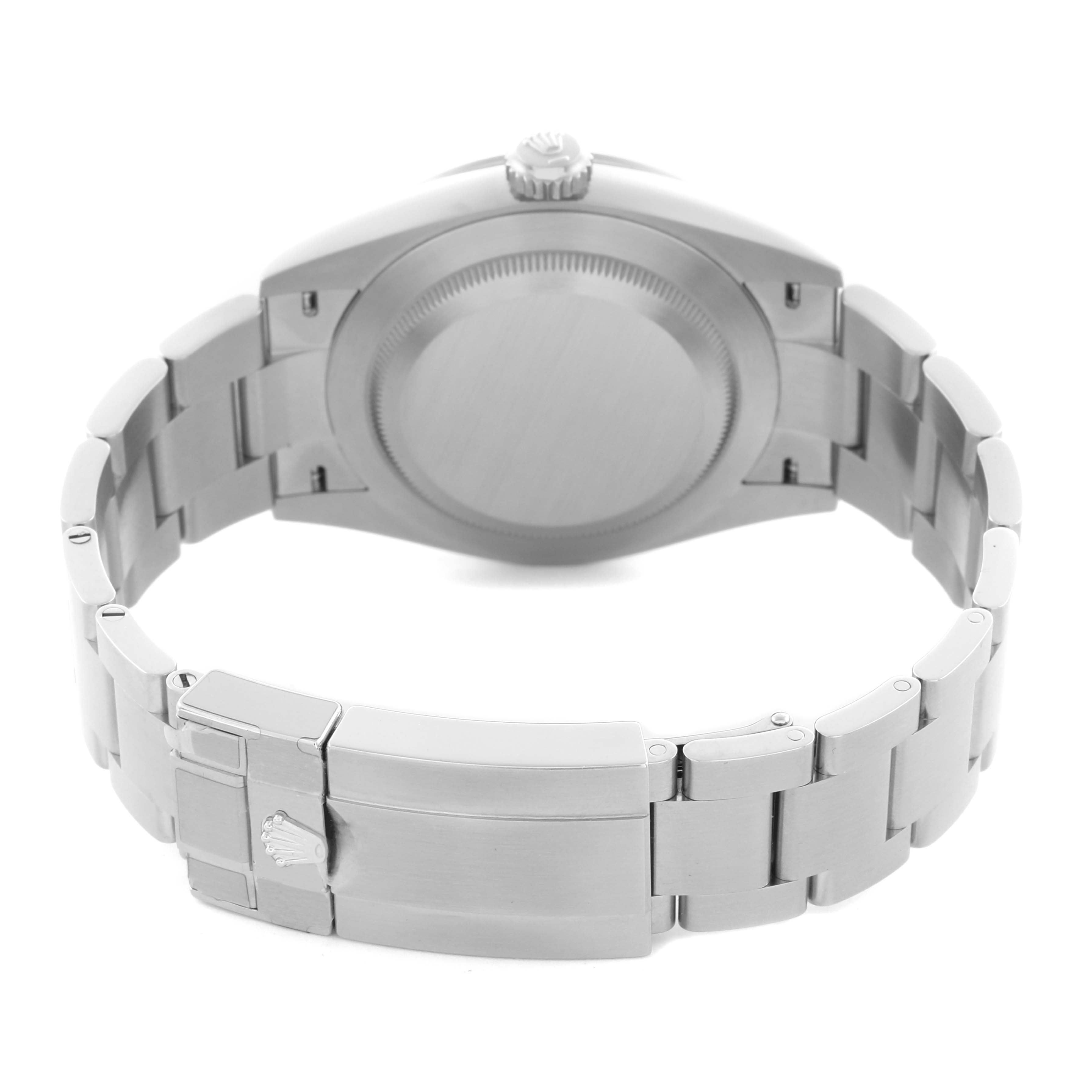 The image shows the backside of a Rolex Explorer 224270 Men's Stainless Steel Black Dial 224270 Men's Stainless Steel Black Dial watch, highlighting the case back and the bracelet with the clasp.