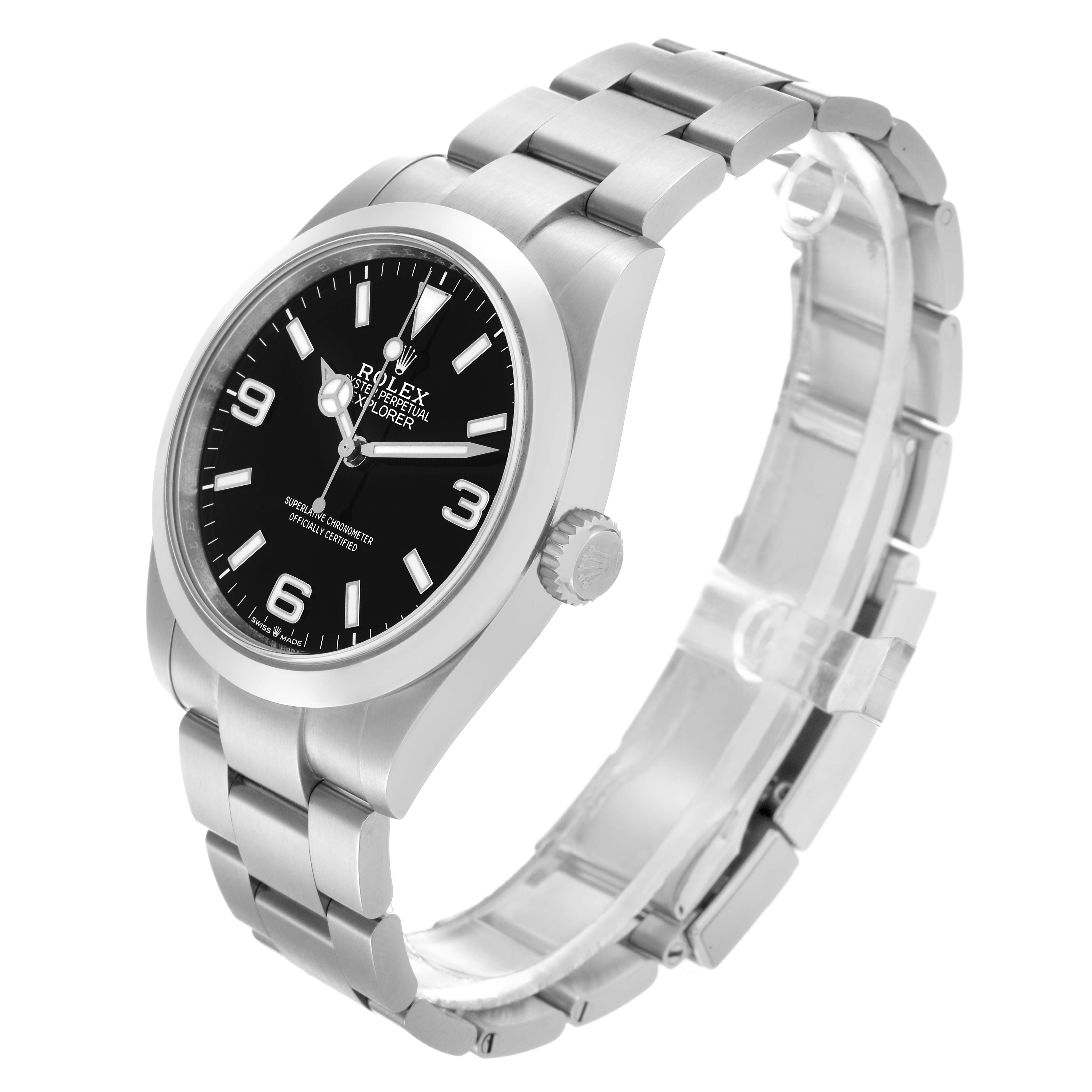 The Rolex Explorer 224270 Men's Stainless Steel Black Dial 224270 Men's Stainless Steel Black Dial watch is shown at an angled side view, displaying the dial, case, bracelet, and crown.