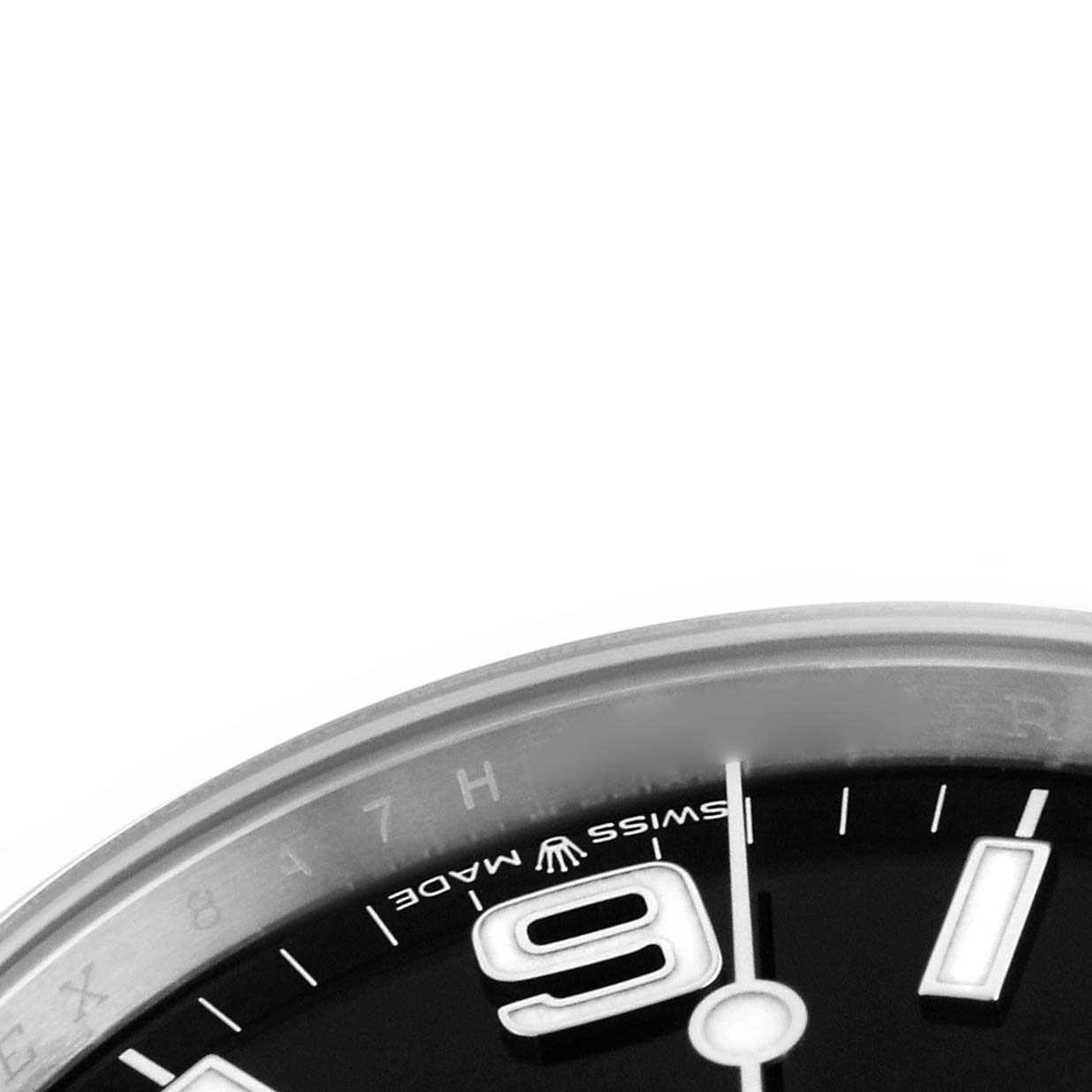 The image shows a close-up of the dial edge and bezel of a Rolex Explorer 224270 Men's Stainless Steel Black Dial 224270 Men's Stainless Steel Black Dial, highlighting the "9" numeral and "Swiss Made" text.