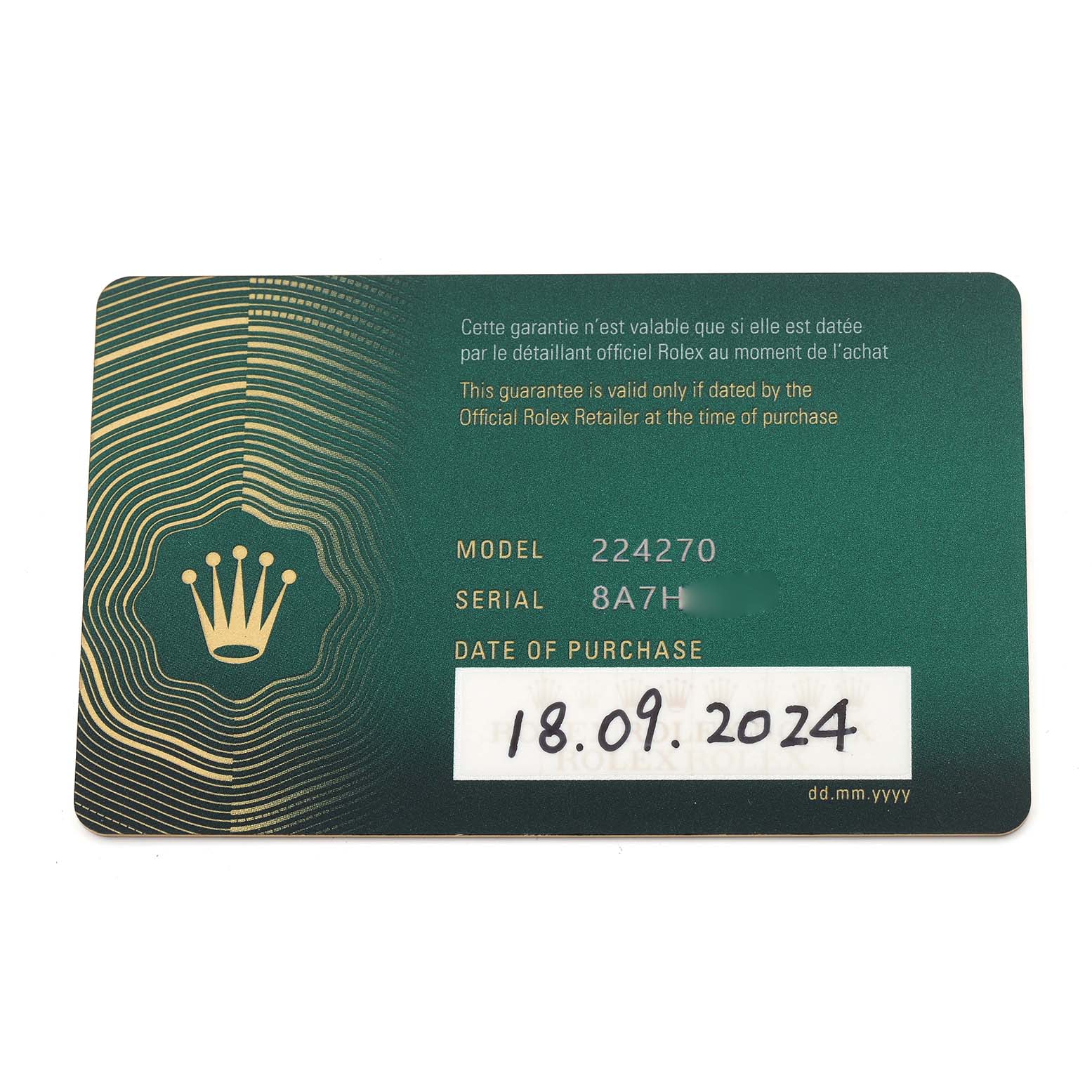 The image shows a warranty card for the Rolex Explorer 224270 Men's Stainless Steel Black Dial 224270 Men's Stainless Steel Black Dial model, displaying model, serial number, and purchase date.