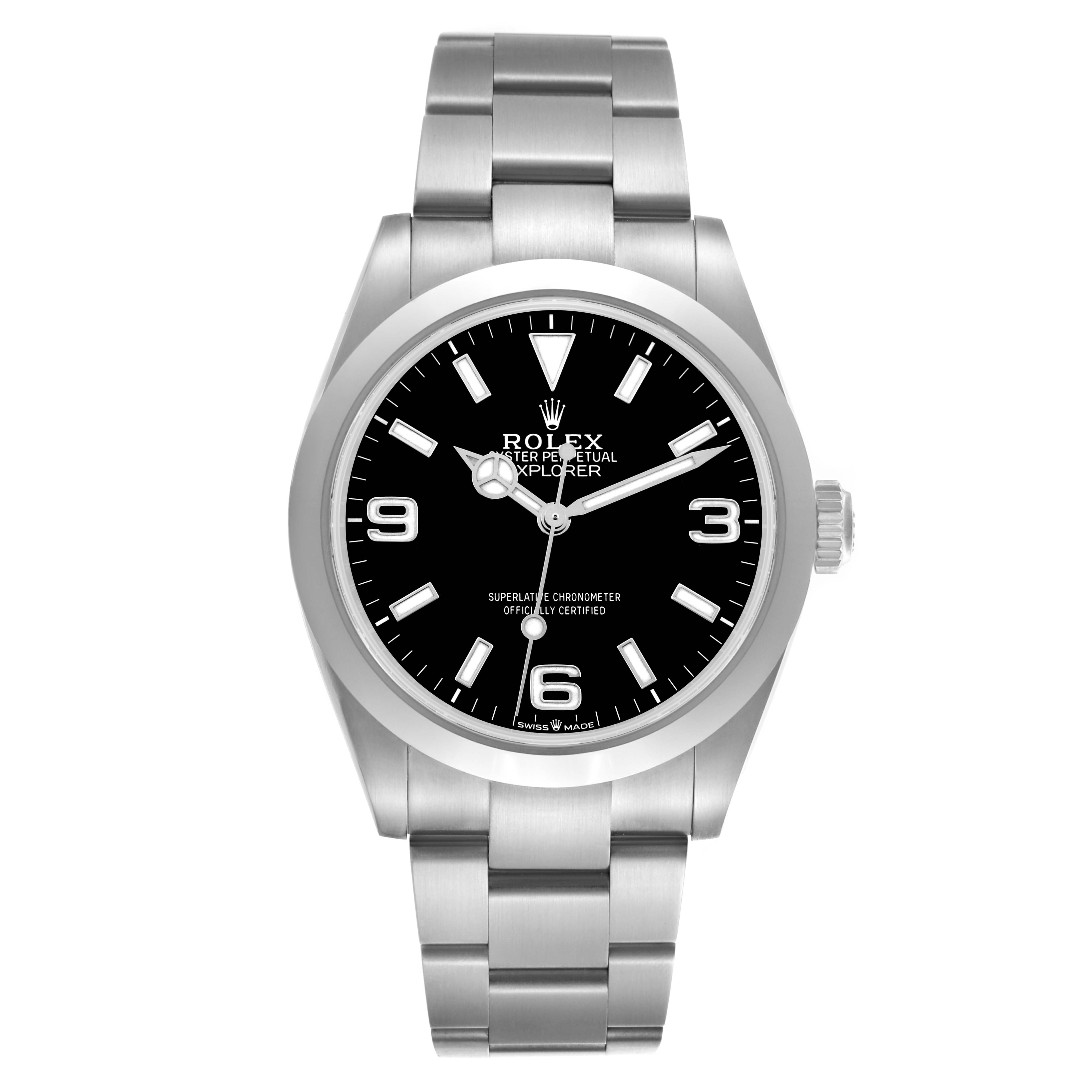 The Rolex Explorer 224270 Men's Stainless Steel Black Dial 224270 Men's Stainless Steel Black Dial watch is shown from a front angle, highlighting the face, bezel, crown, and bracelet.