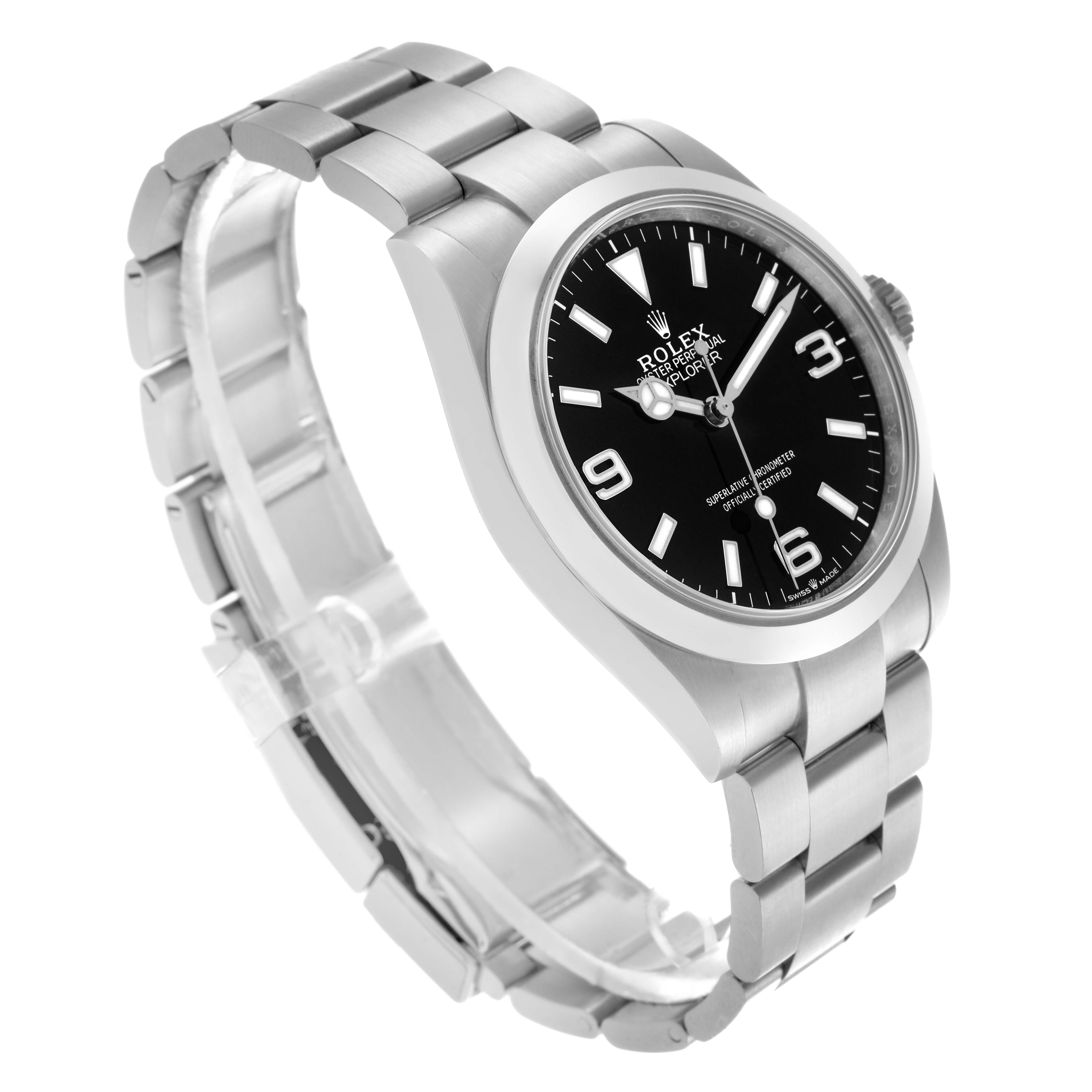 The Rolex Explorer 224270 Men's Stainless Steel Black Dial 224270 Men's Stainless Steel Black Dial watch is shown at a slight angle, displaying the face, bezel, crown, and part of the bracelet.