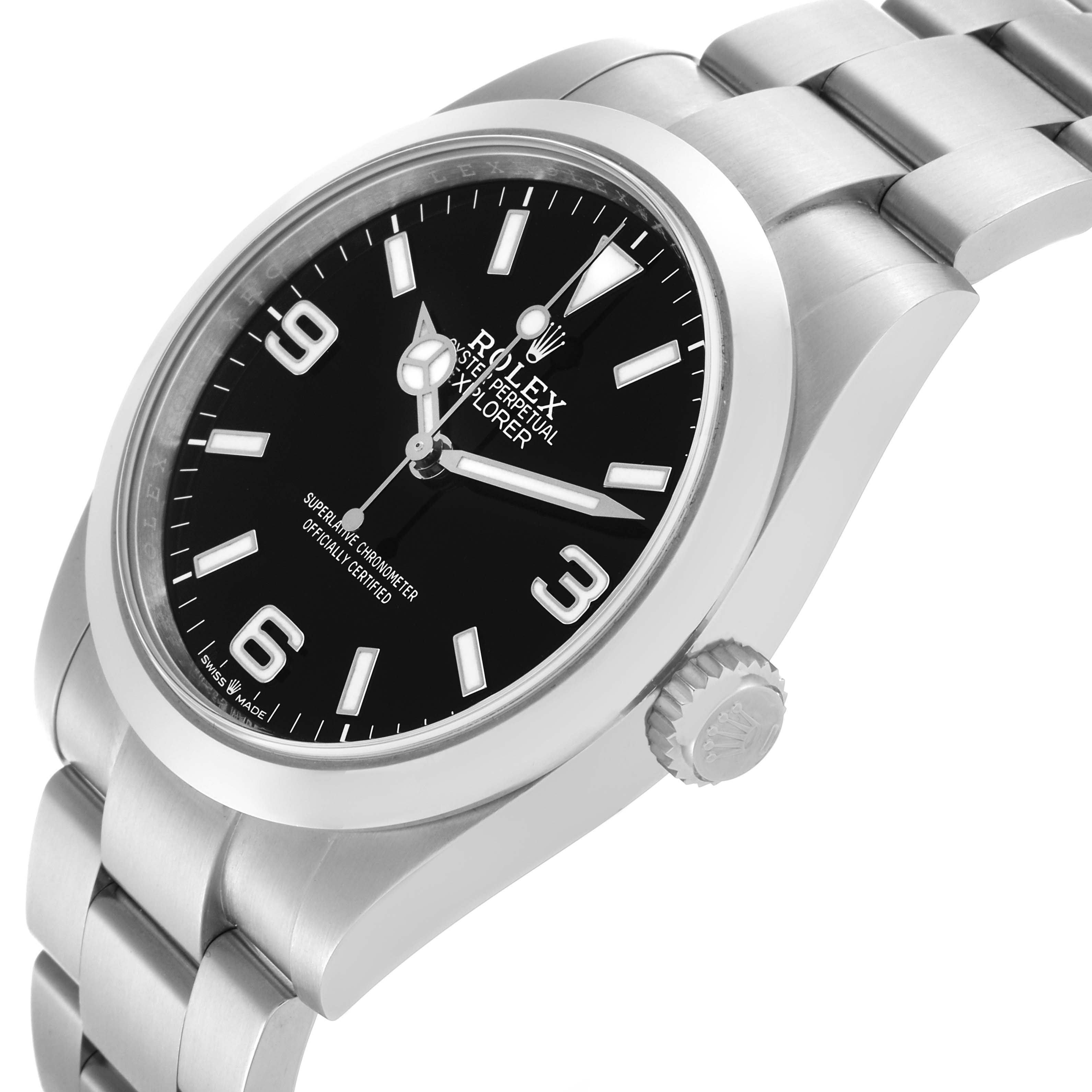 The Rolex Explorer 224270 Men's Stainless Steel Black Dial 224270 Men's Stainless Steel Black Dial watch is shown at a slight angled view, displaying the face, bezel, crown, and part of the bracelet.