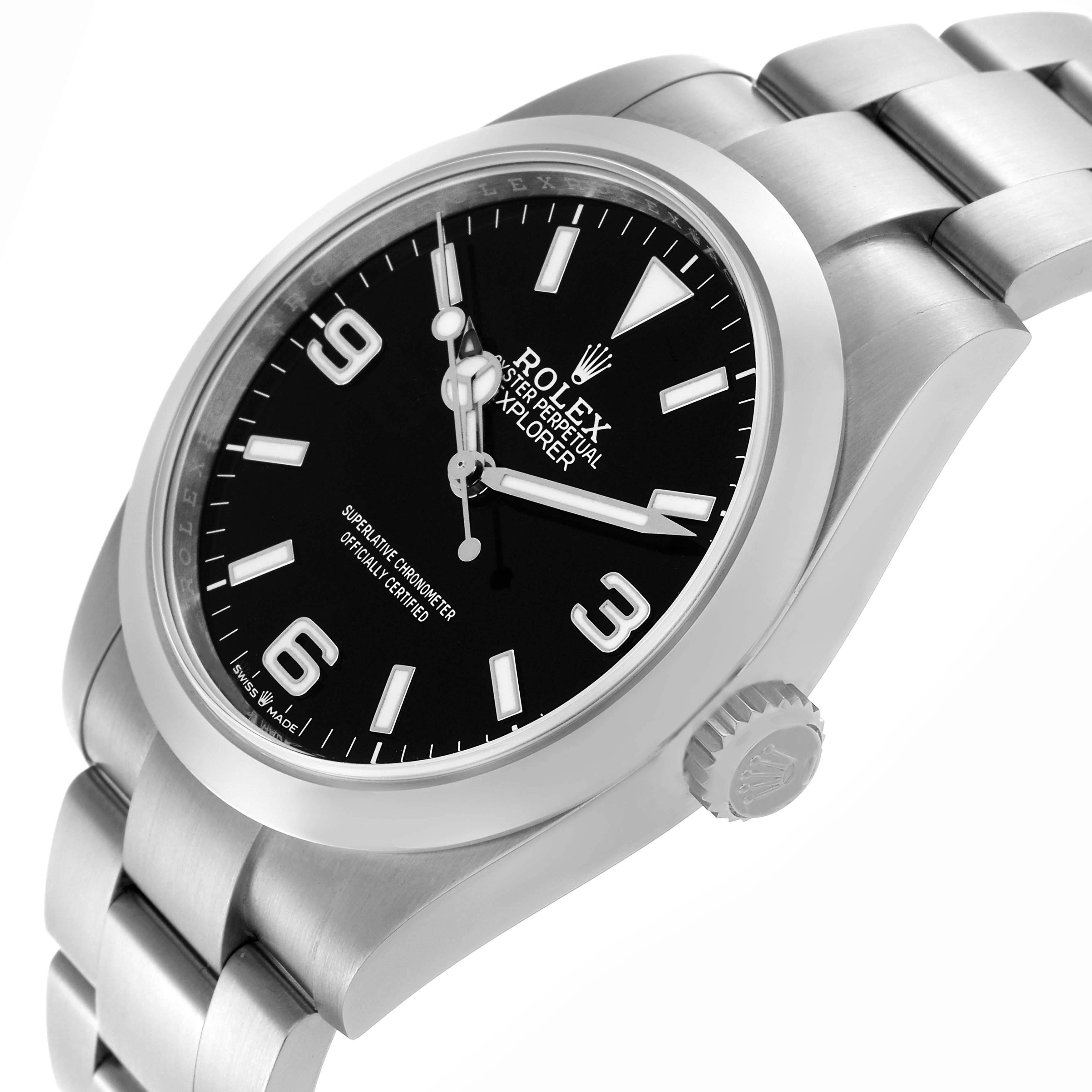 The image shows a side angle of the Rolex Explorer 224270 Men's Stainless Steel Black Dial 224270 Men's Stainless Steel Black Dial watch, highlighting the dial, case, bracelet, and crown.