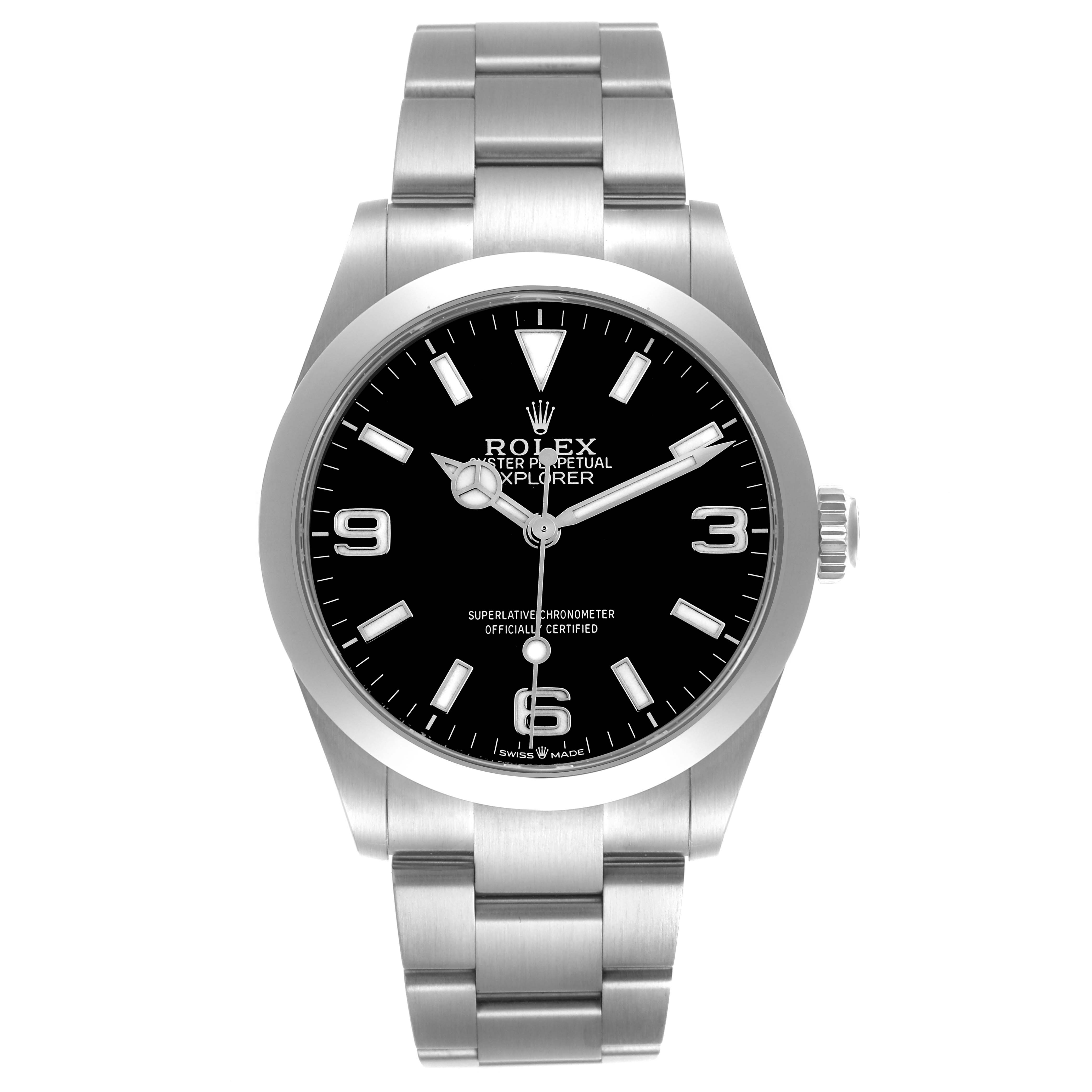 The Rolex Explorer 224270 Men's Stainless Steel Black Dial 224270 Men's Stainless Steel Black Dial watch is shown from a front angle, displaying the dial, bezel, crown, and bracelet.