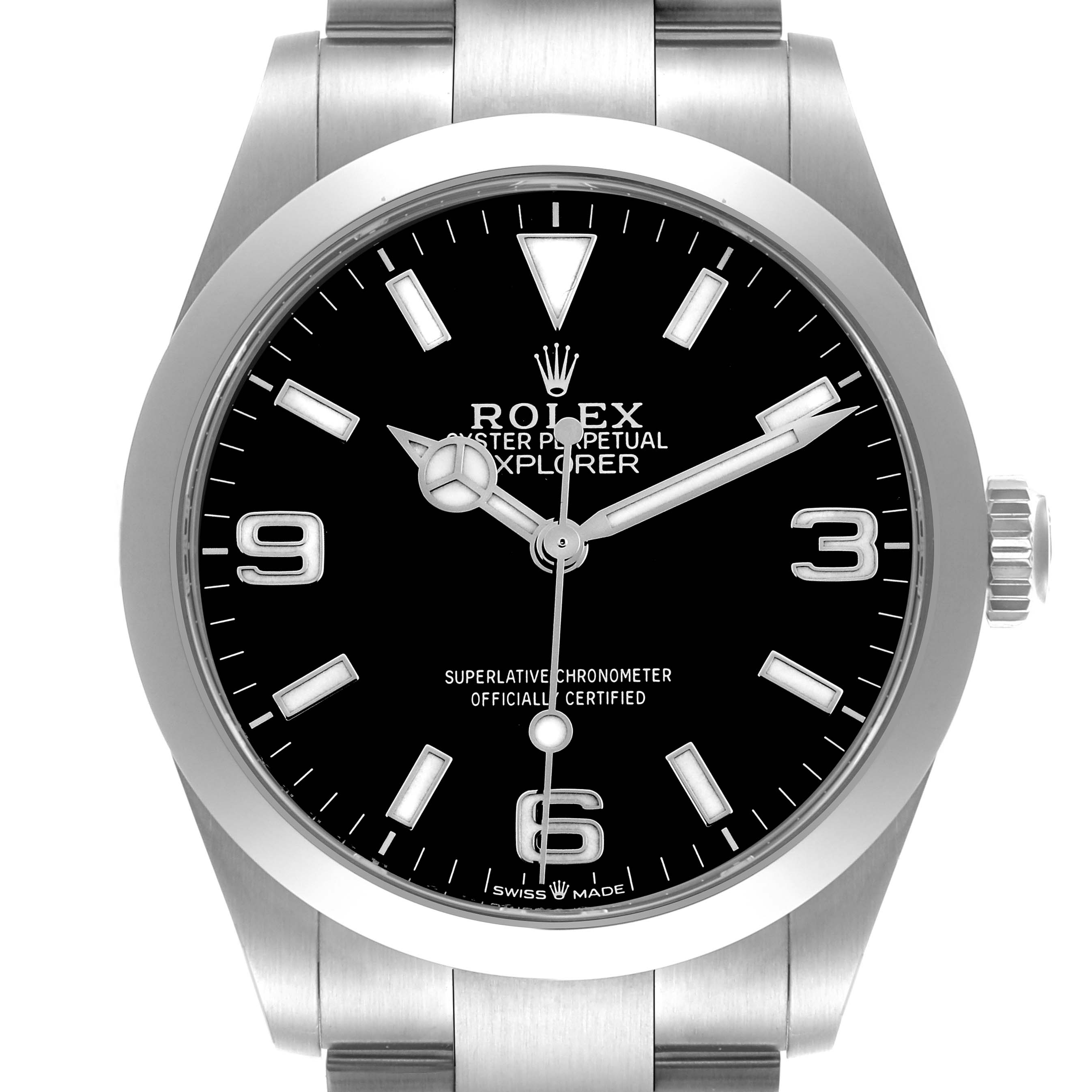 The Rolex Explorer 224270 Men's Stainless Steel Black Dial 224270 Men's Stainless Steel Black Dial watch is shown from a front angle, displaying the dial, hands, markers, and part of the bracelet.