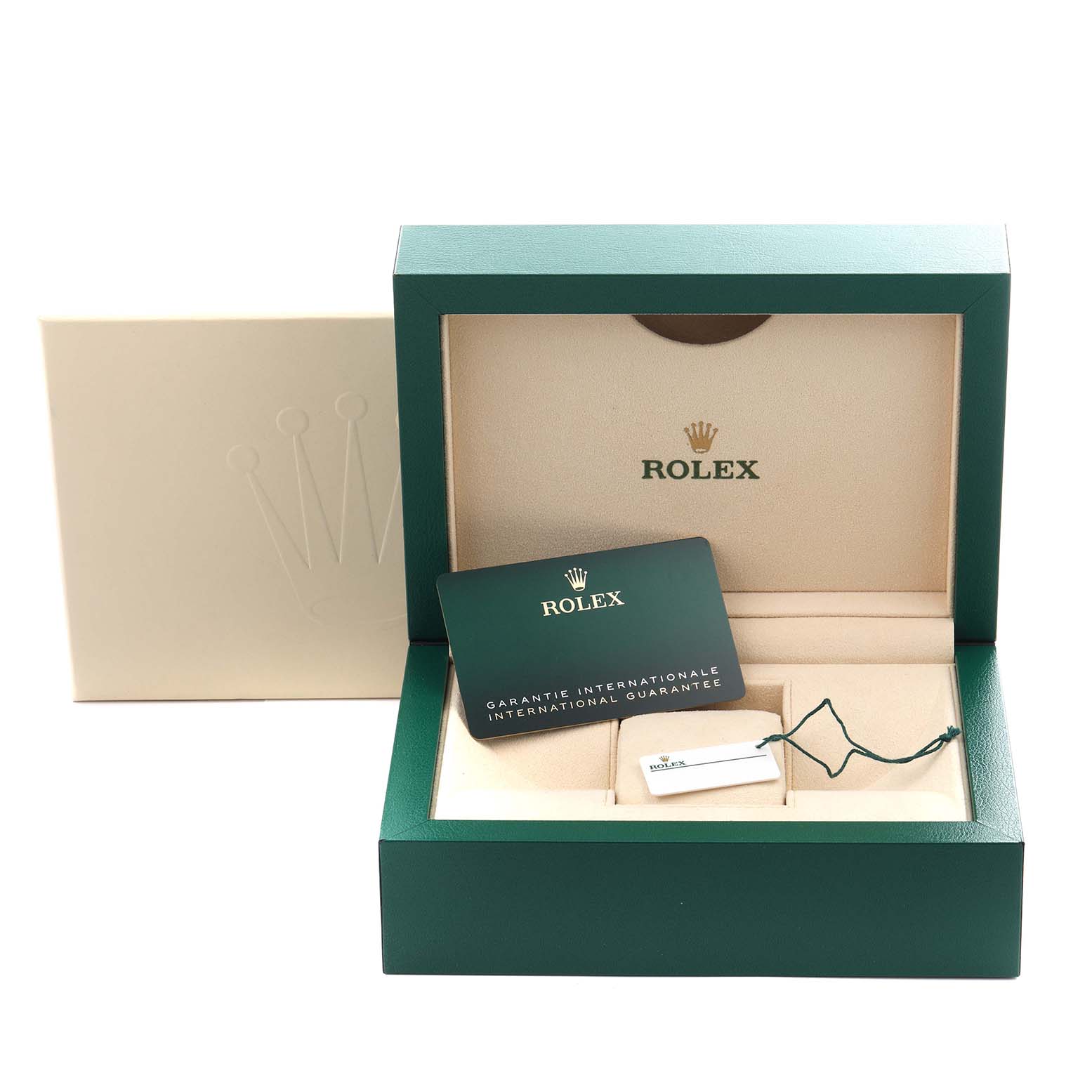 The image shows the open box of a Rolex Explorer 224270 Men's Stainless Steel Black Dial 224270 Men's Stainless Steel Black Dial, with an international guarantee card and tag inside.