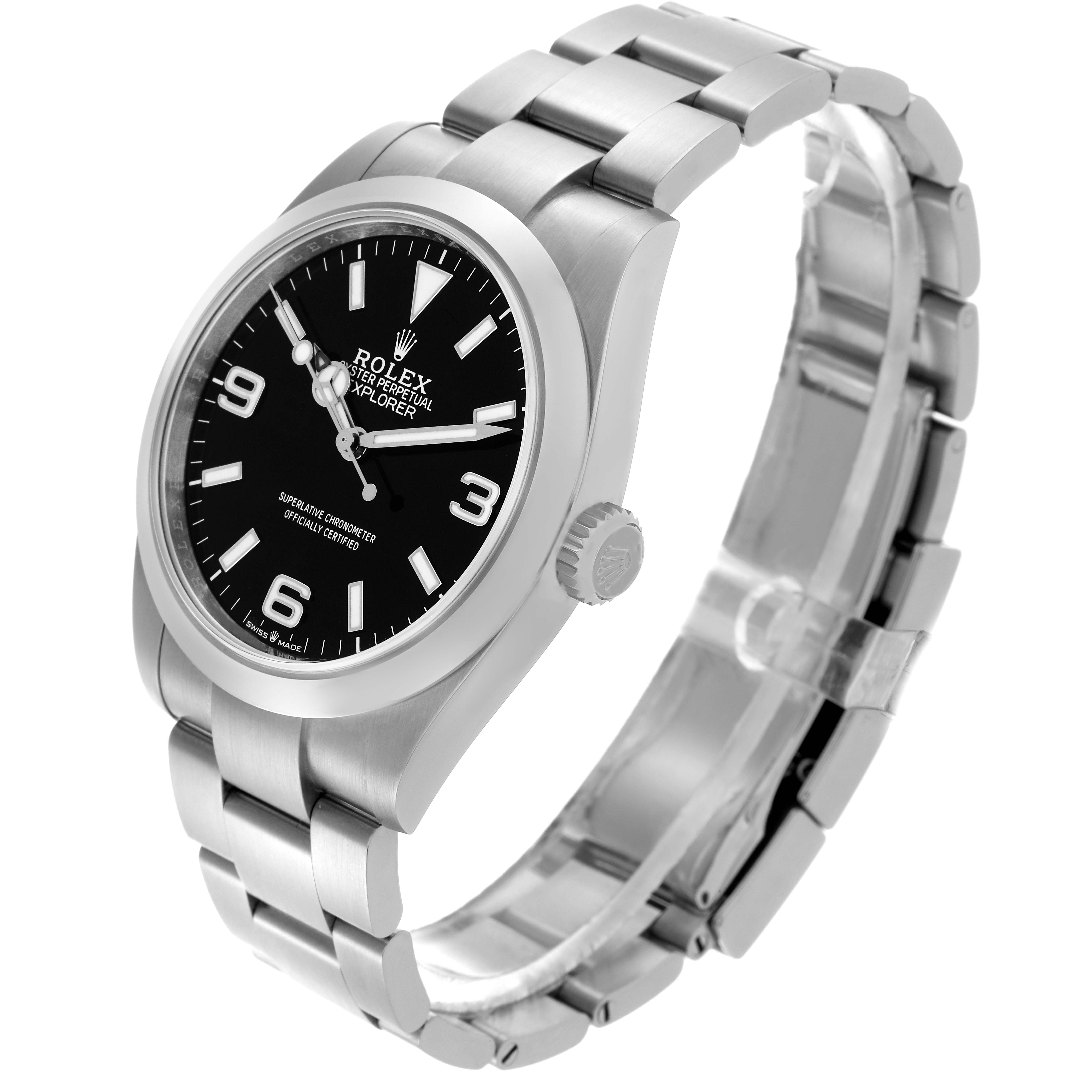 The Rolex Explorer 224270 Men's Stainless Steel Black Dial 224270 Men's Stainless Steel Black Dial watch is shown at a three-quarter angle, highlighting the face, crown, and bracelet.
