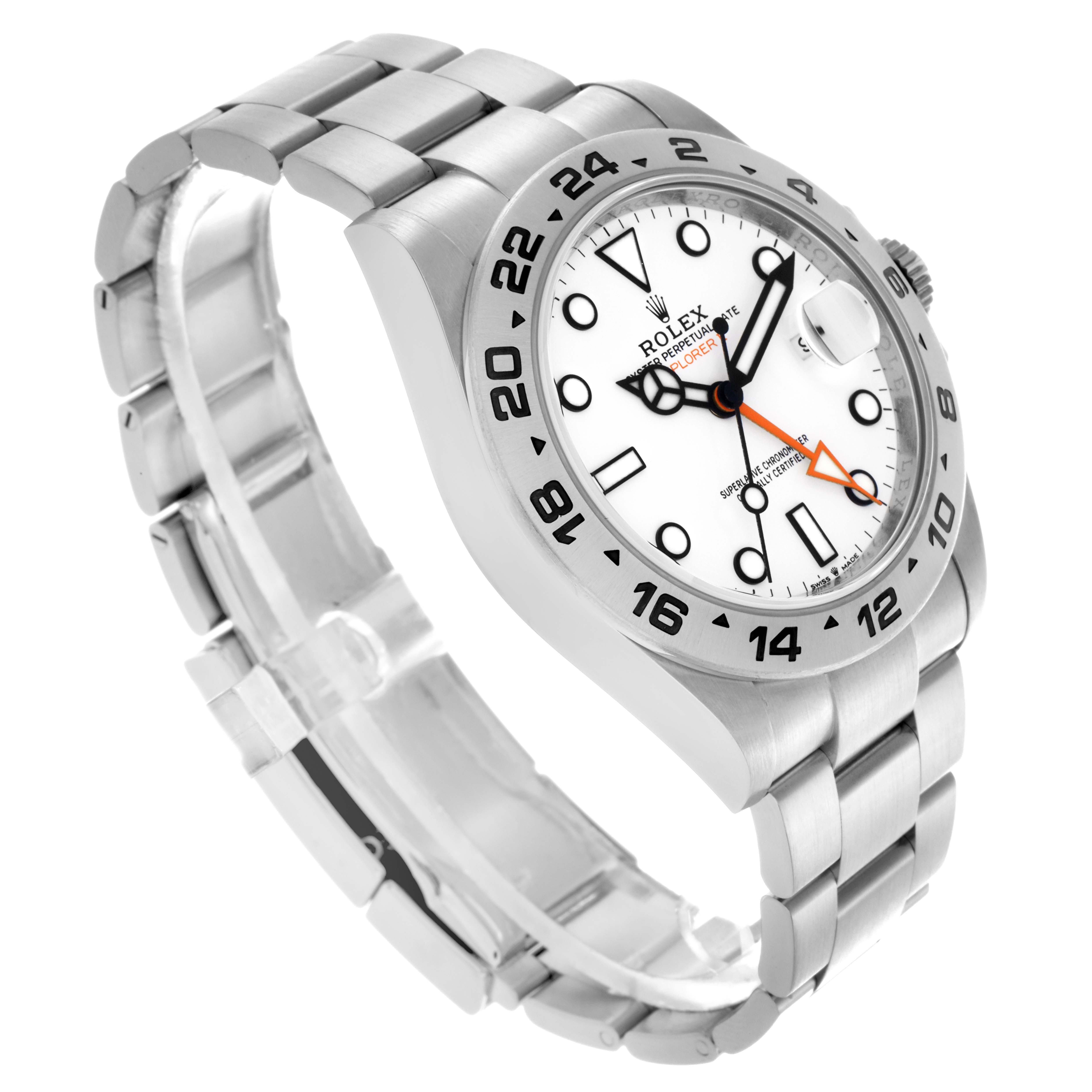 The Rolex Explorer 226570 Men's Stainless Steel White Dial 226570 Men's Stainless Steel White Dial watch is shown from a three-quarter angle, highlighting the bracelet, bezel, and face with its distinctive markings.