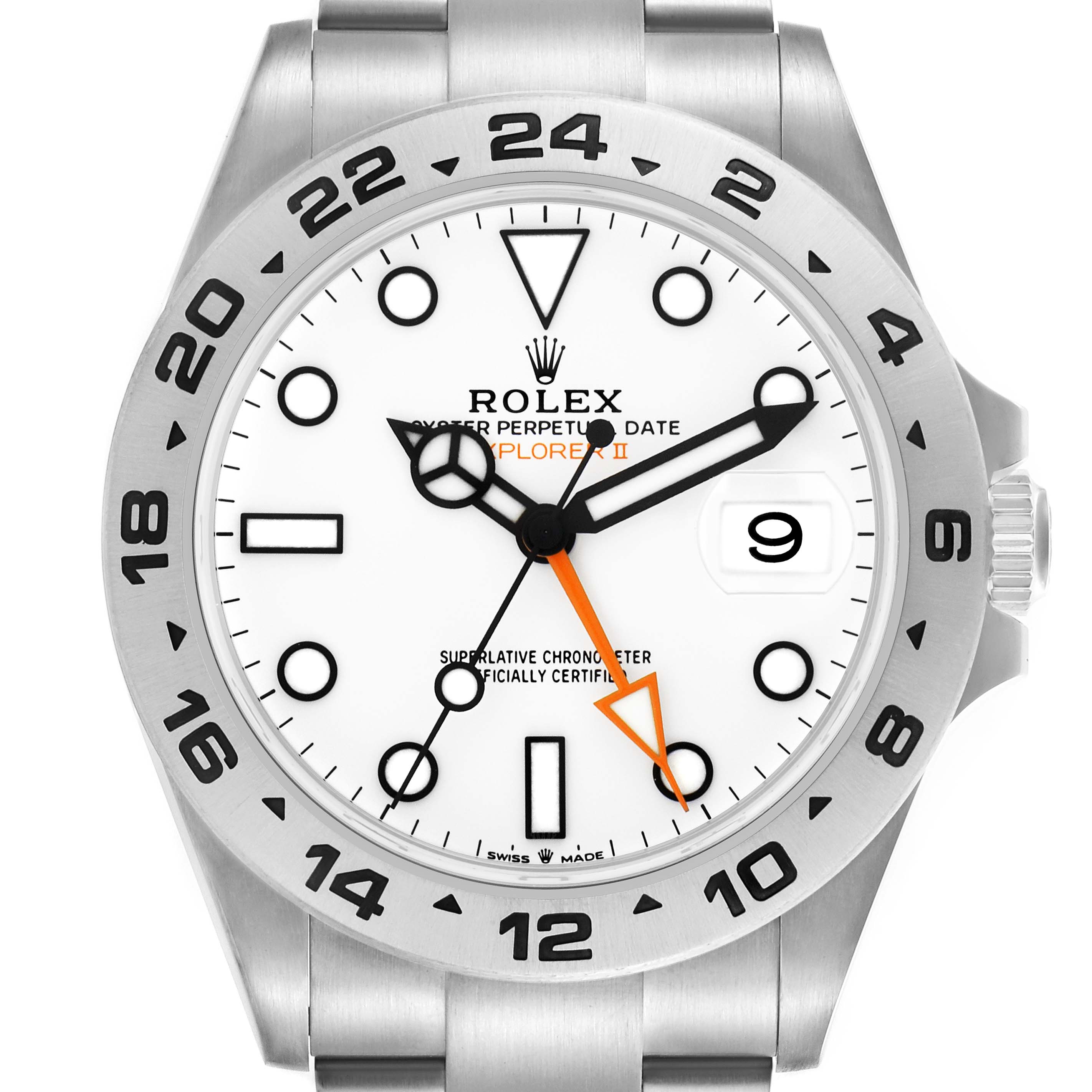 The Rolex Explorer 226570 Men's Stainless Steel White Dial 226570 Men's Stainless Steel White Dial model is shown from the front, displaying the face, bezel, crown, and part of the bracelet.