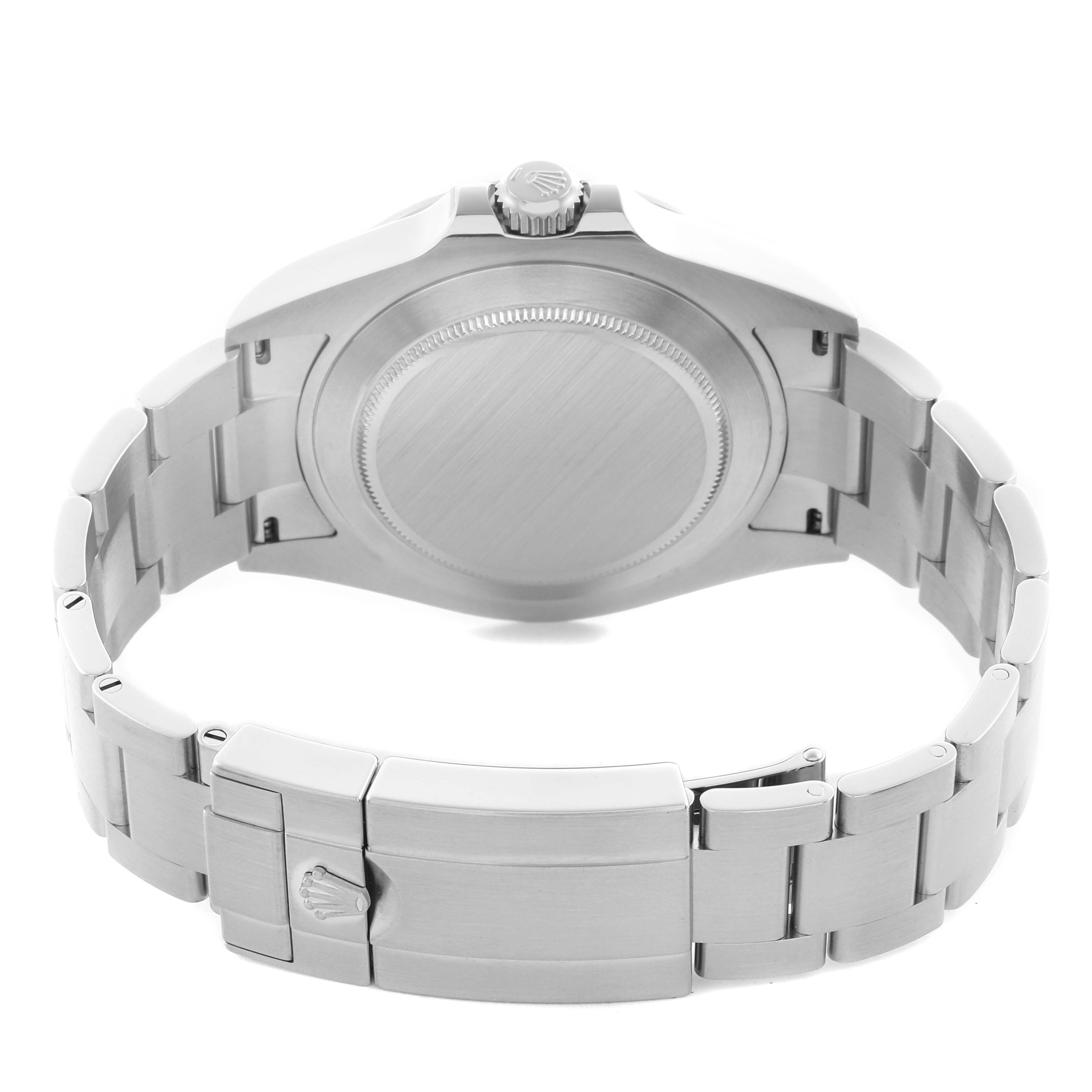 This image shows the back view of a Rolex Explorer 226570 Men's Stainless Steel White Dial 226570 Men's Stainless Steel White Dial, highlighting the caseback, bracelet, and clasp with the Rolex crown logo.