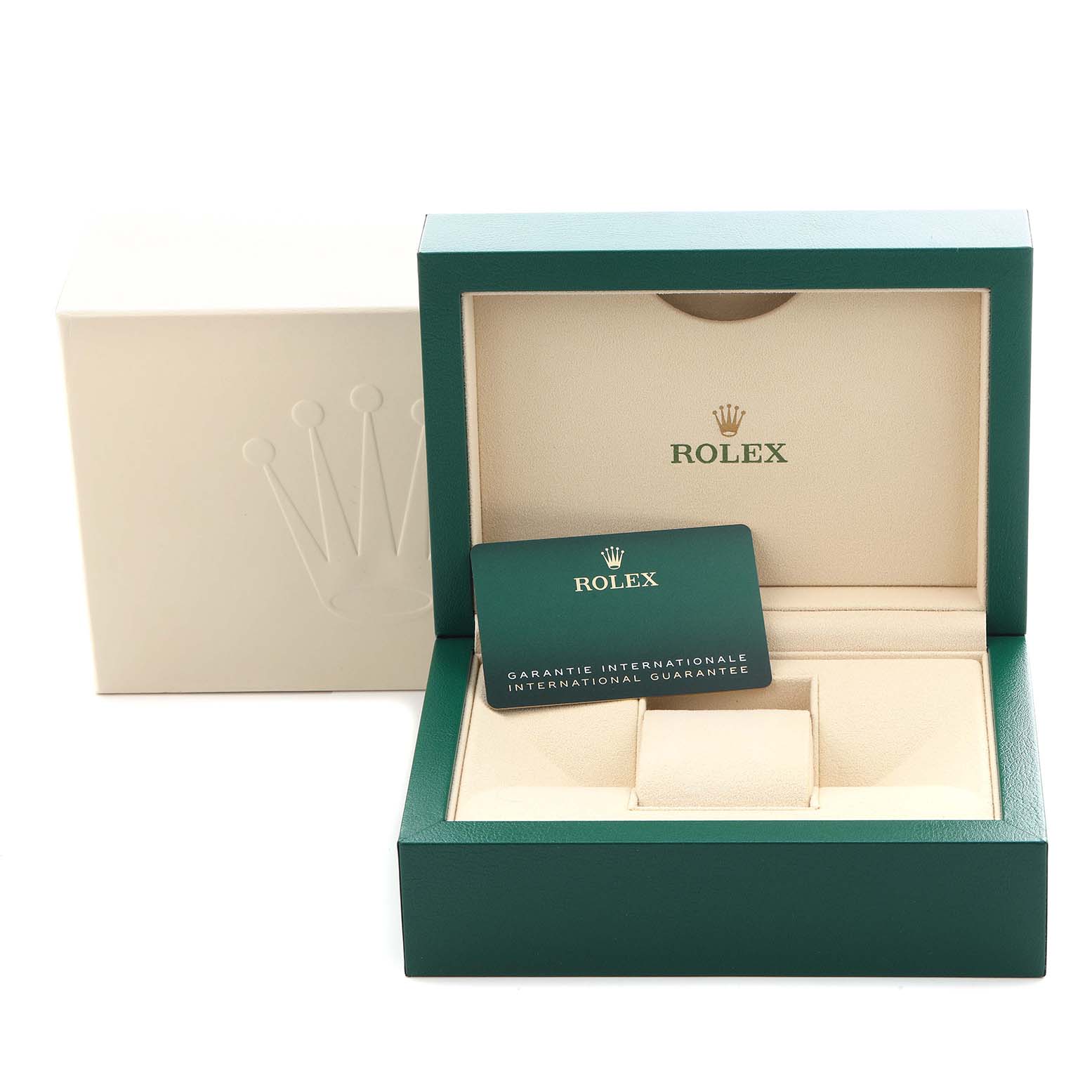 The image shows the open box and international guarantee card for a Rolex Explorer 226570 Men's Stainless Steel White Dial 226570 Men's Stainless Steel White Dial.