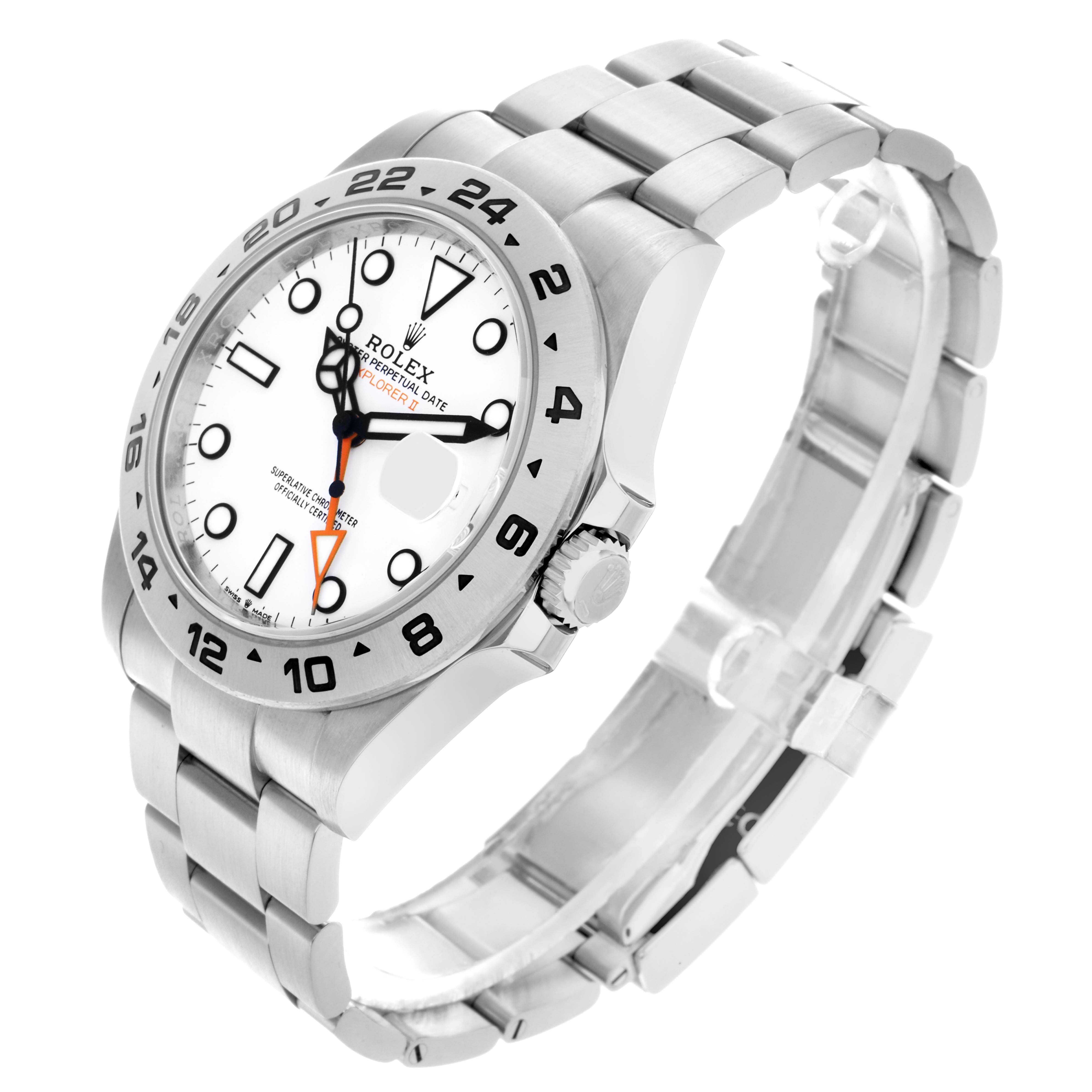 The Rolex Explorer 226570 Men's Stainless Steel White Dial 226570 Men's Stainless Steel White Dial watch is shown at a three-quarter angle, highlighting the dial, bezel, and bracelet.