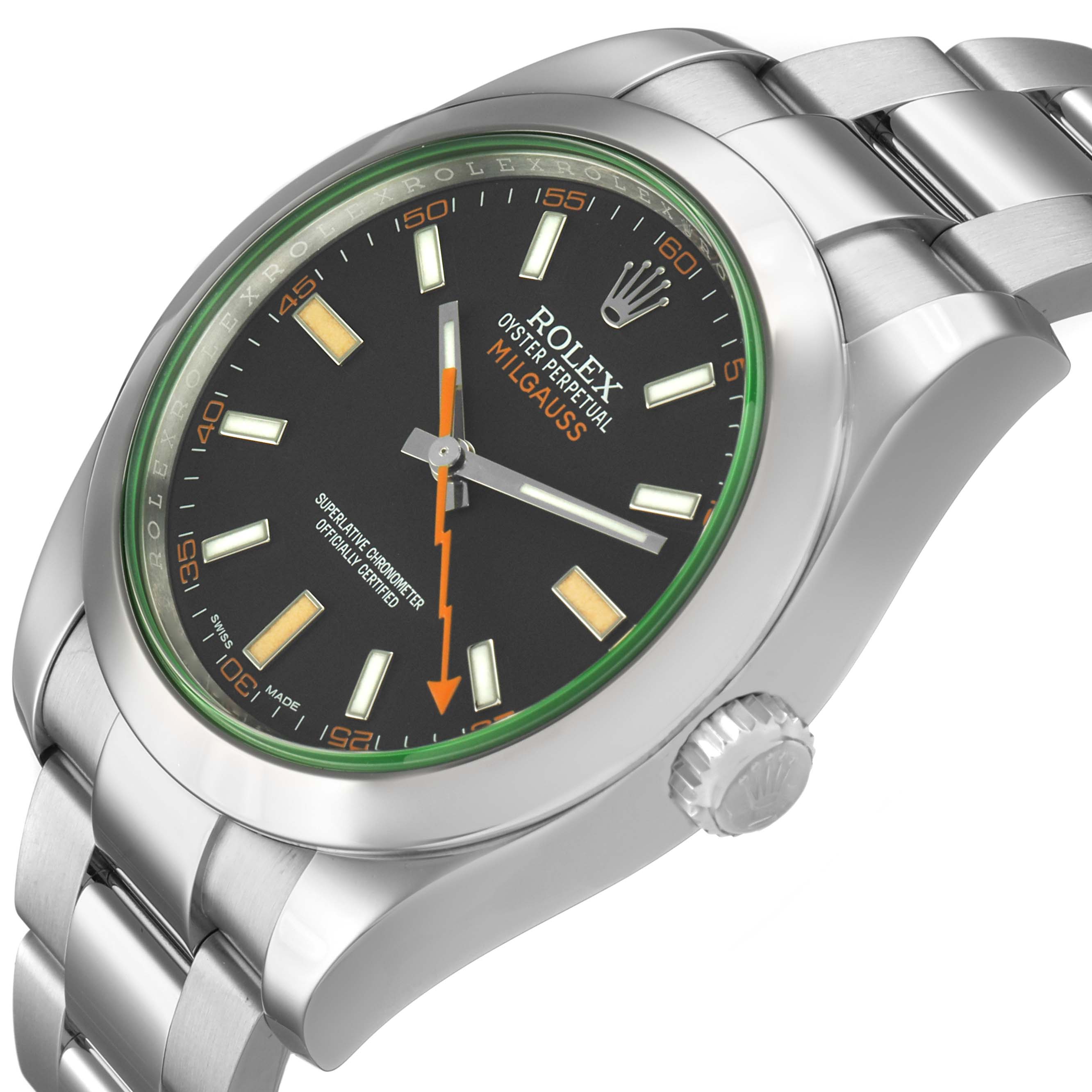 The Rolex Milgauss M116400GV-0001 Men's Stainless Steel Black Dial watch is shown at a slight angle, highlighting the face, bezel, crown, and part of the bracelet.