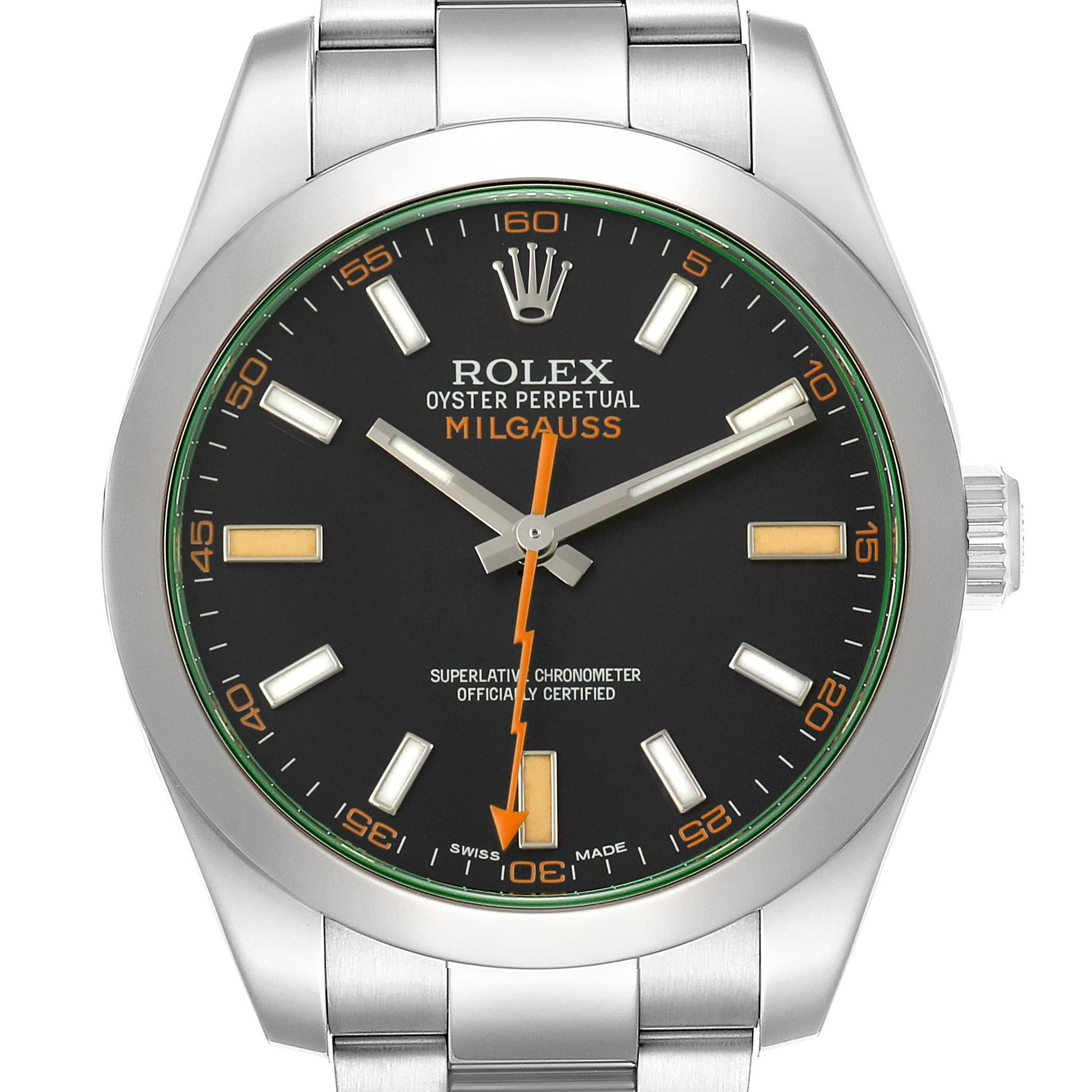 The Rolex Milgauss M116400GV-0001 Men's Stainless Steel Black Dial watch is shown from a front angle displaying its dial, hands, bezel, and part of the bracelet.