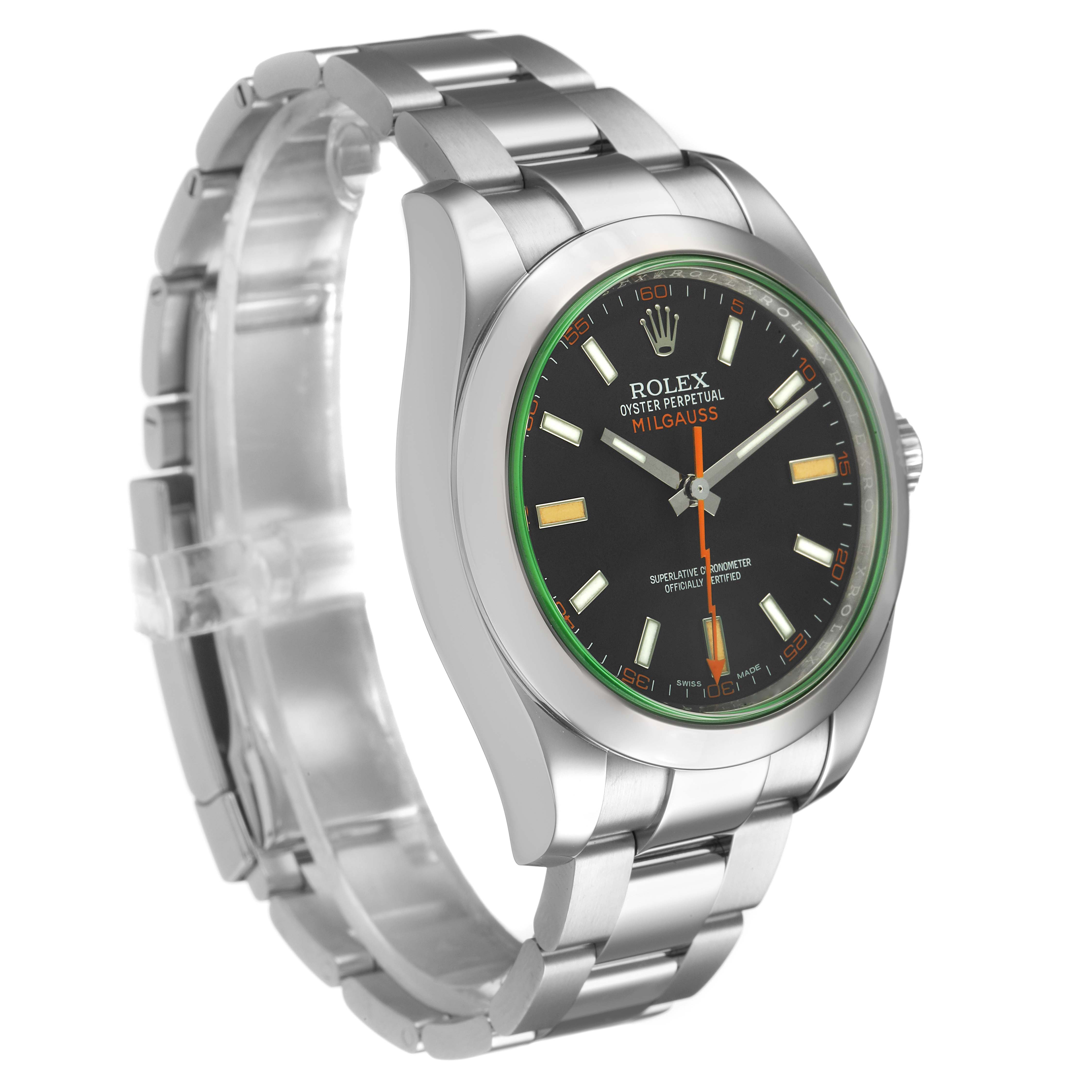 The Rolex Milgauss M116400GV-0001 Men's Stainless Steel Black Dial watch is shown at a three-quarter angle, highlighting the face, bezel, and stainless steel bracelet.