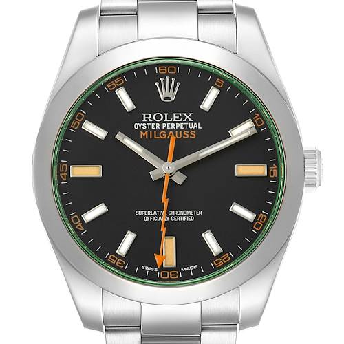 Photo of Rolex Milgauss Green Crystal Black Dial Steel Mens Watch 116400GV Box Card