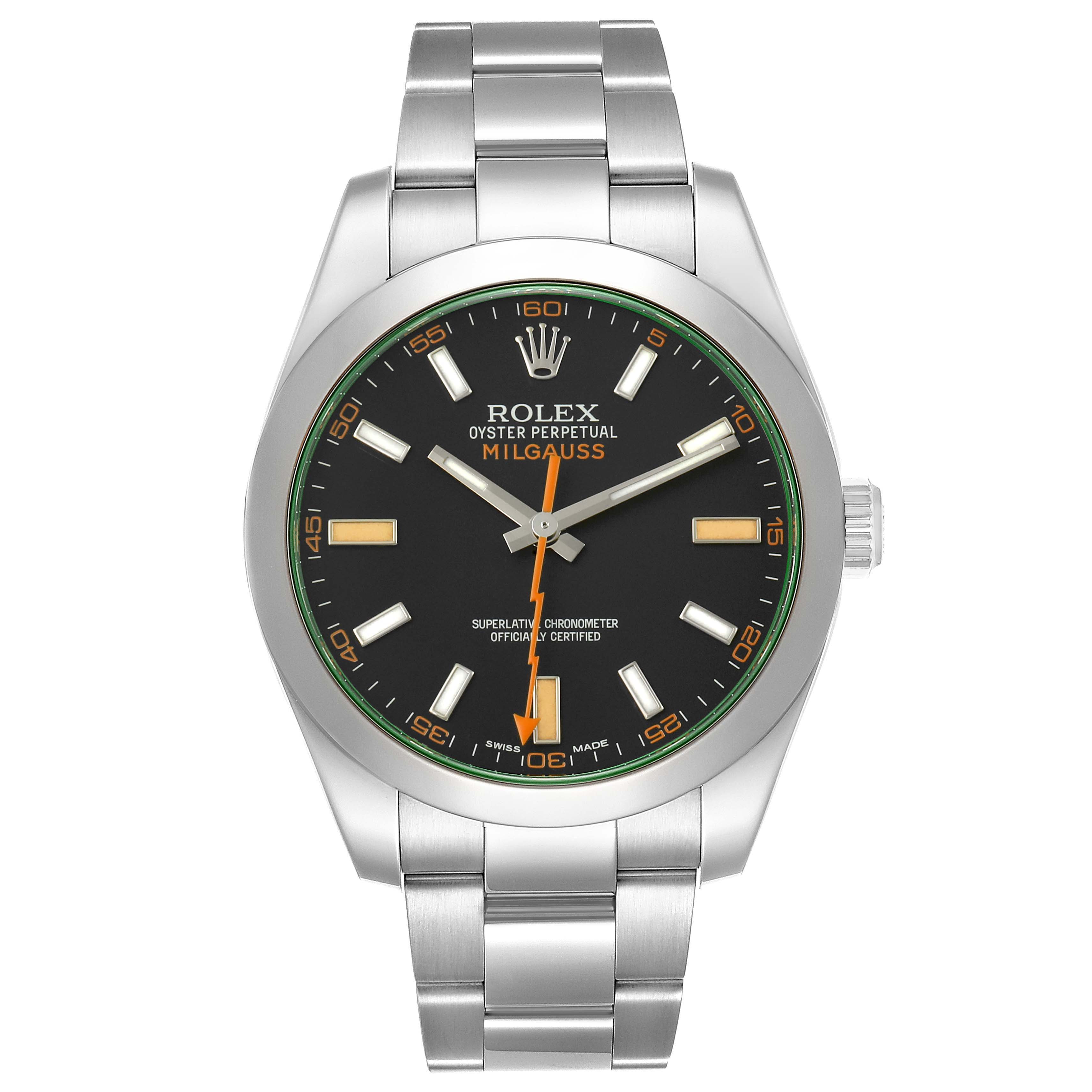 The image shows a Rolex Milgauss M116400GV-0001 Men's Stainless Steel Black Dial watch straight-on, highlighting the dial, bezel, and bracelet.