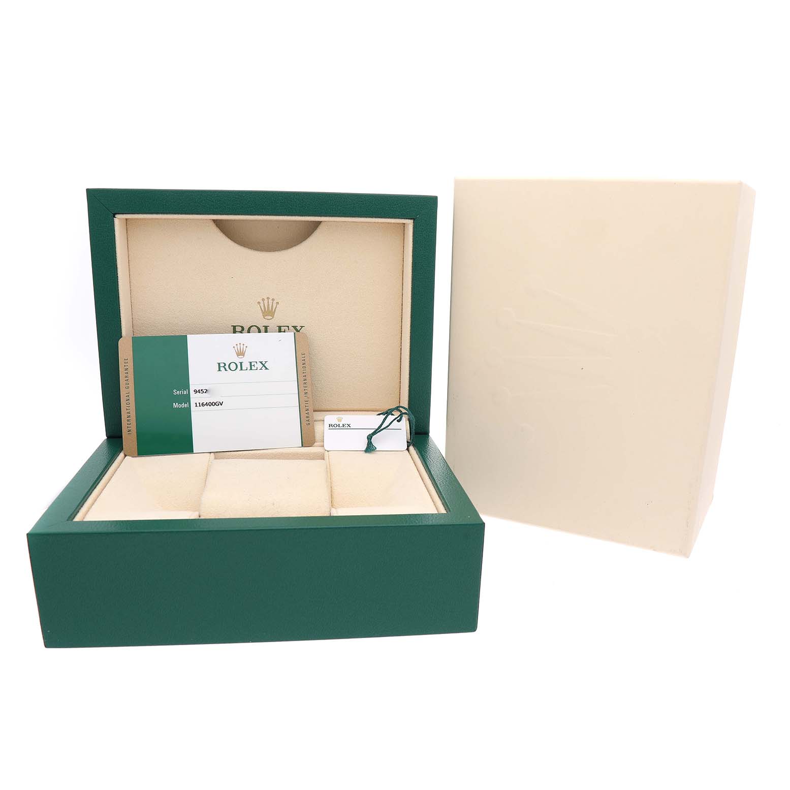 The image shows an open Rolex Milgauss M116400GV-0001 Men's Stainless Steel Black Dial box with warranty card and tag, viewed from the front.