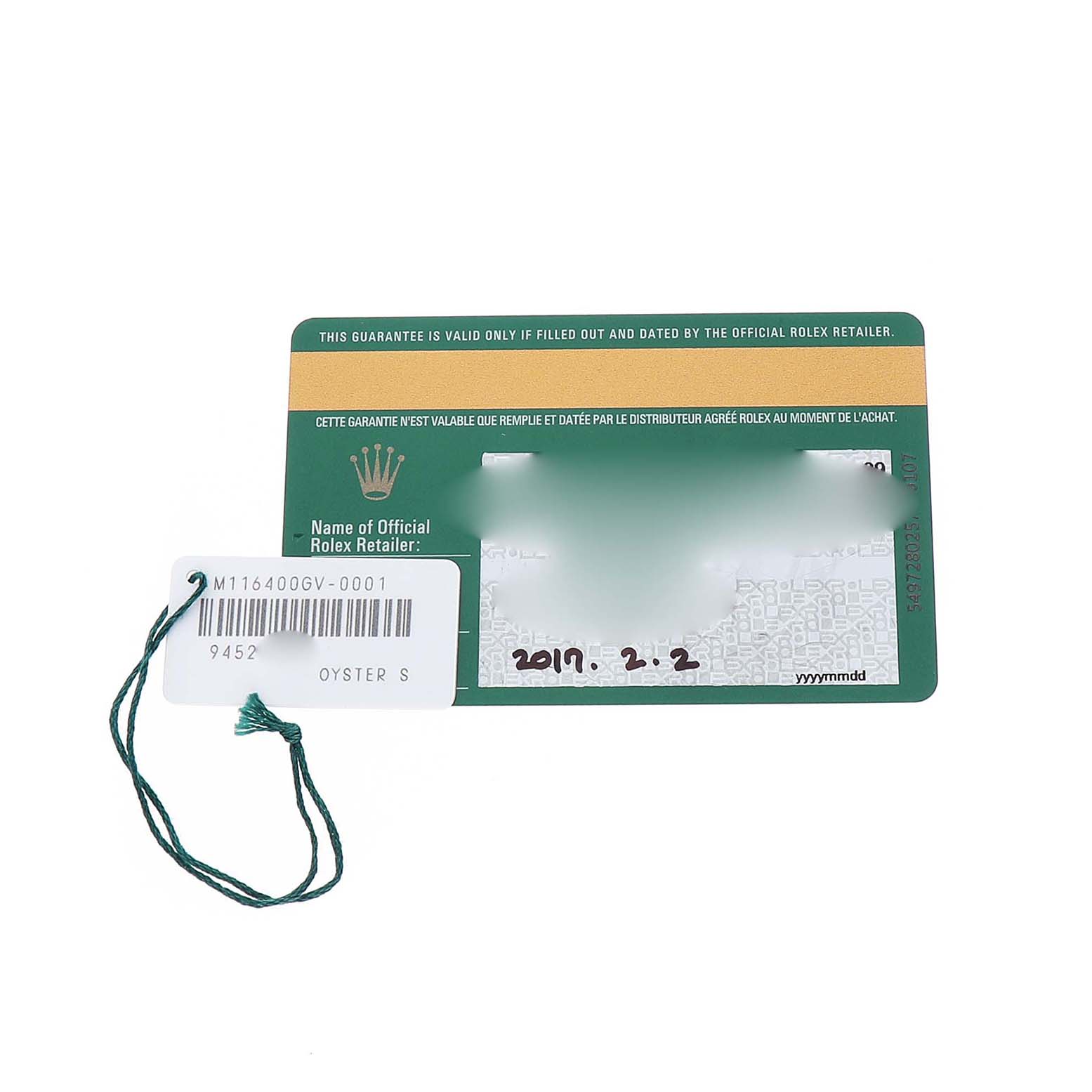 The image shows the warranty card and tag for a Rolex Milgauss M116400GV-0001 Men's Stainless Steel Black Dial watch, including model details and a date.