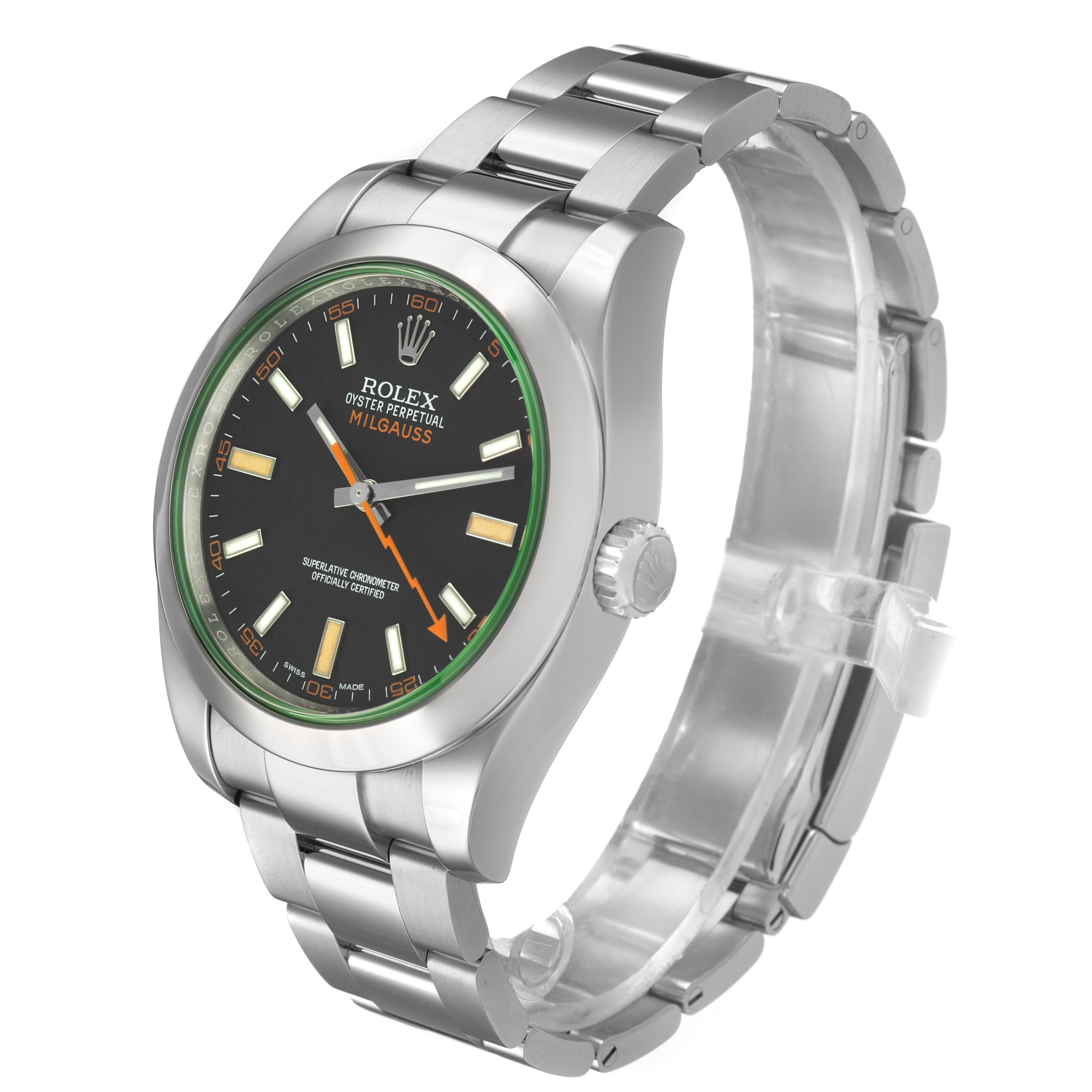 The Rolex Milgauss M116400GV-0001 Men's Stainless Steel Black Dial watch is shown at a slight angle, revealing the face, bezel, crown, and bracelet.