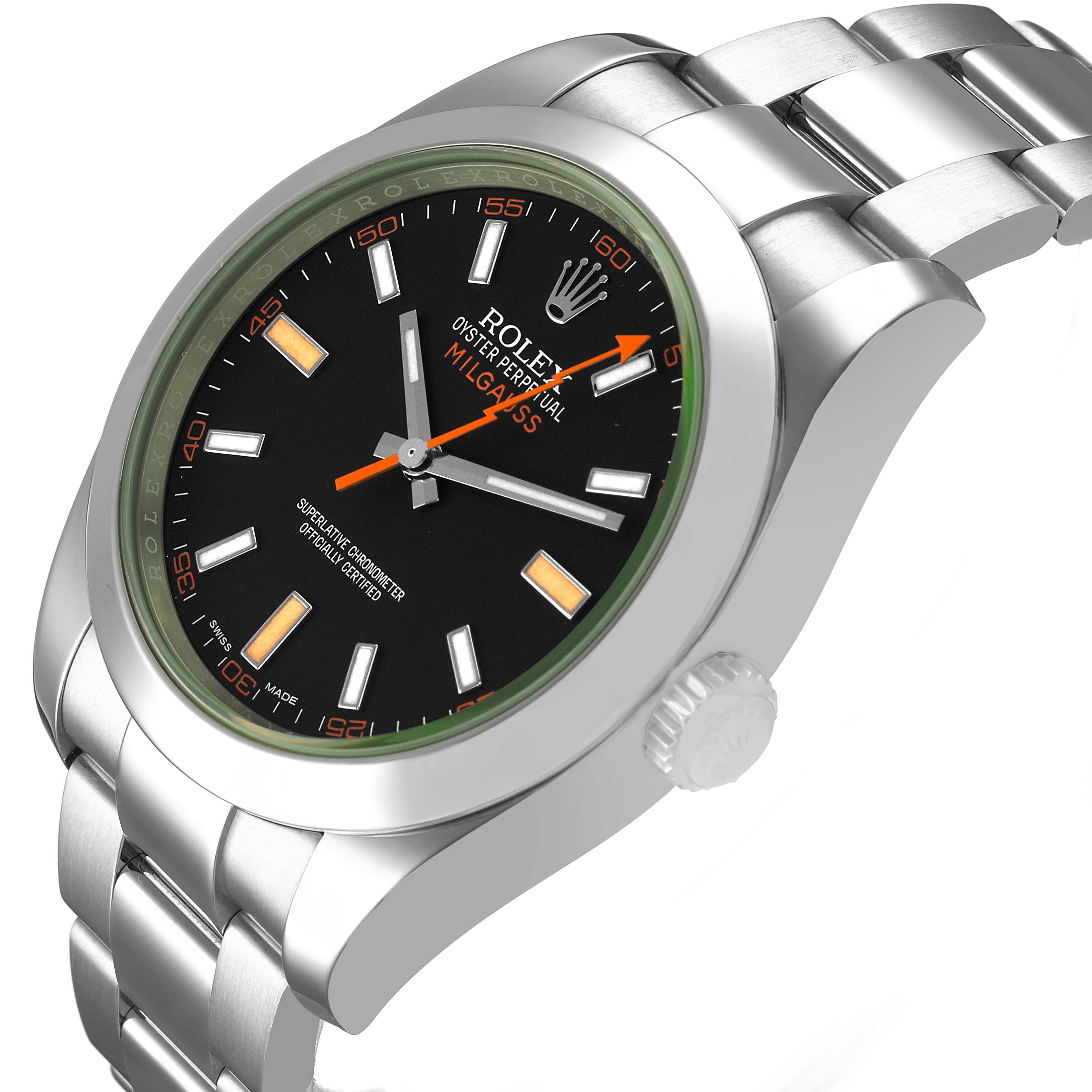 The Rolex Milgauss M116400GV-0001 Men's Stainless Steel Black Dial watch is shown at an angled view displaying the face, bezel, crown, and partial bracelet.